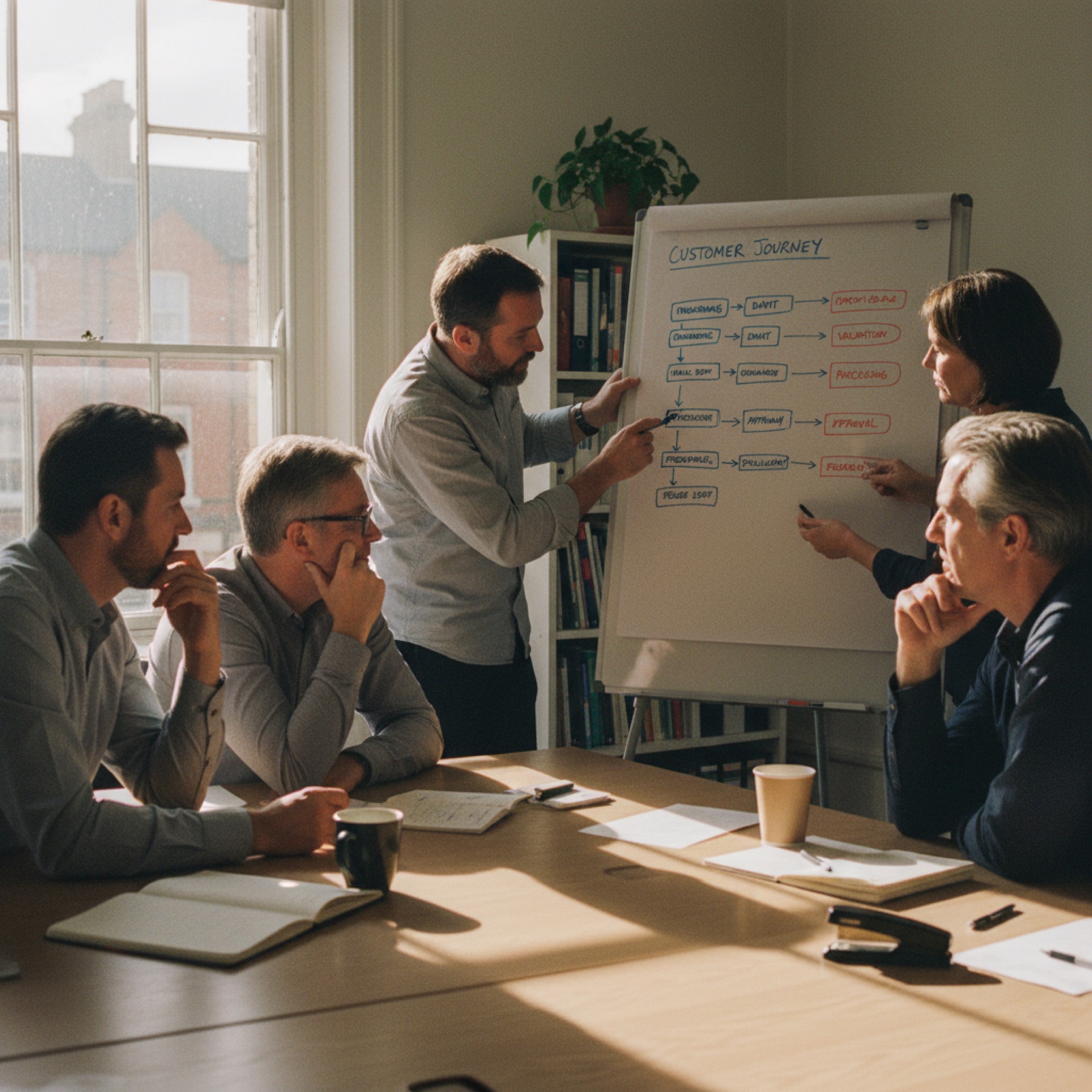 Four people gathered around a whiteboard covered in workflow notes in a bright office meeting room