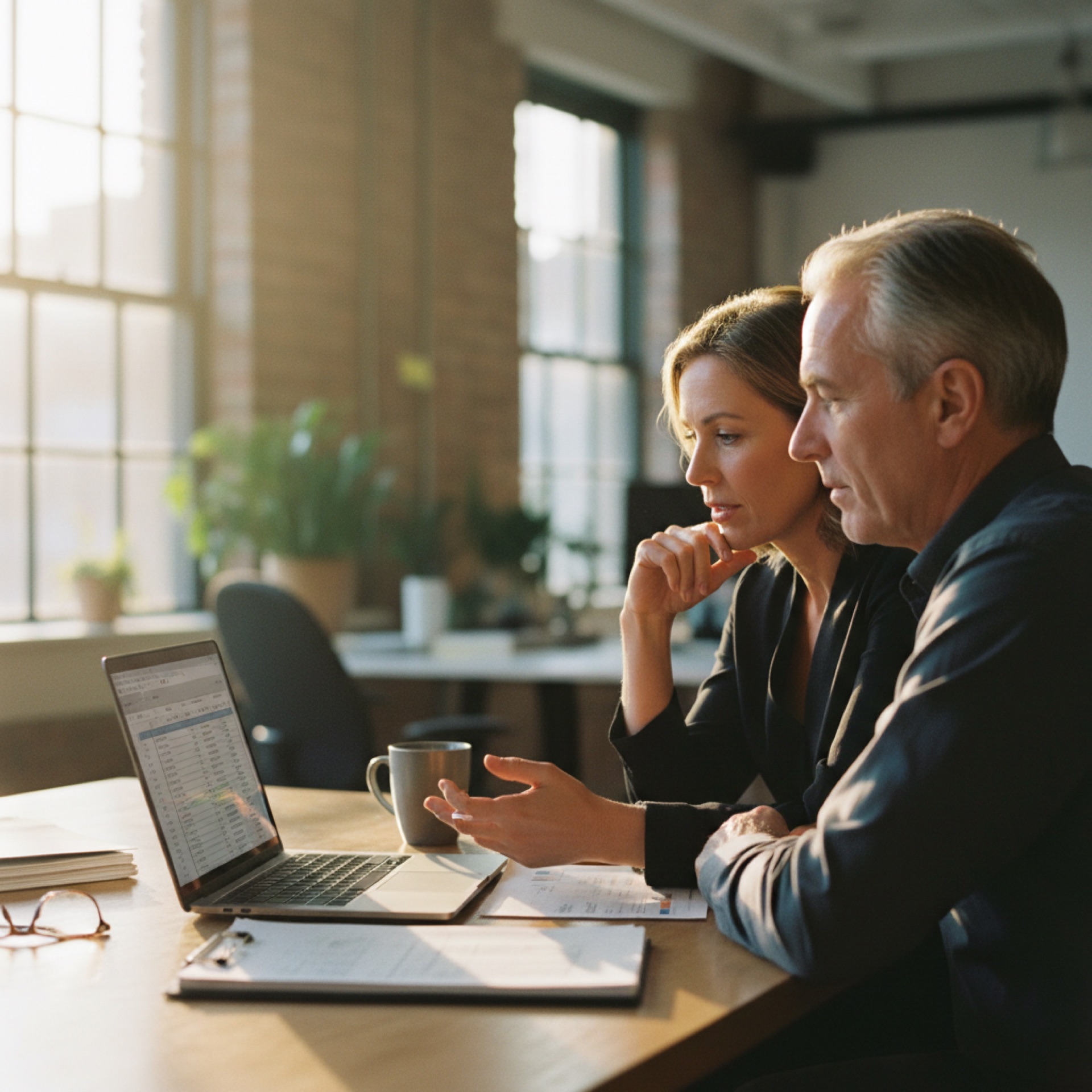 Two colleagues reviewing a document together on a laptop at a shared desk in a bright office