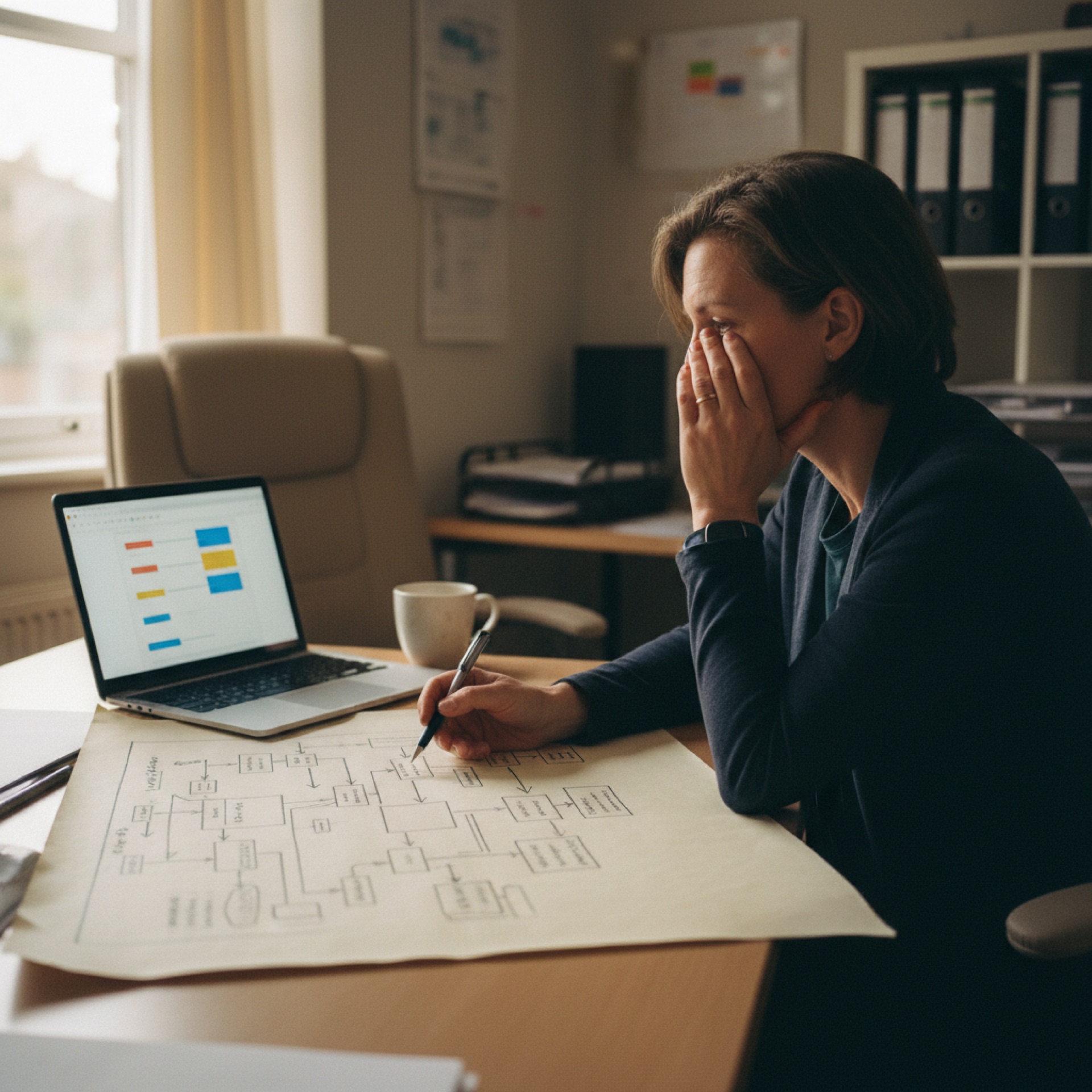 A business owner at a desk reviewing a printed process map with a pen, laptop beside them showing a workflow tool