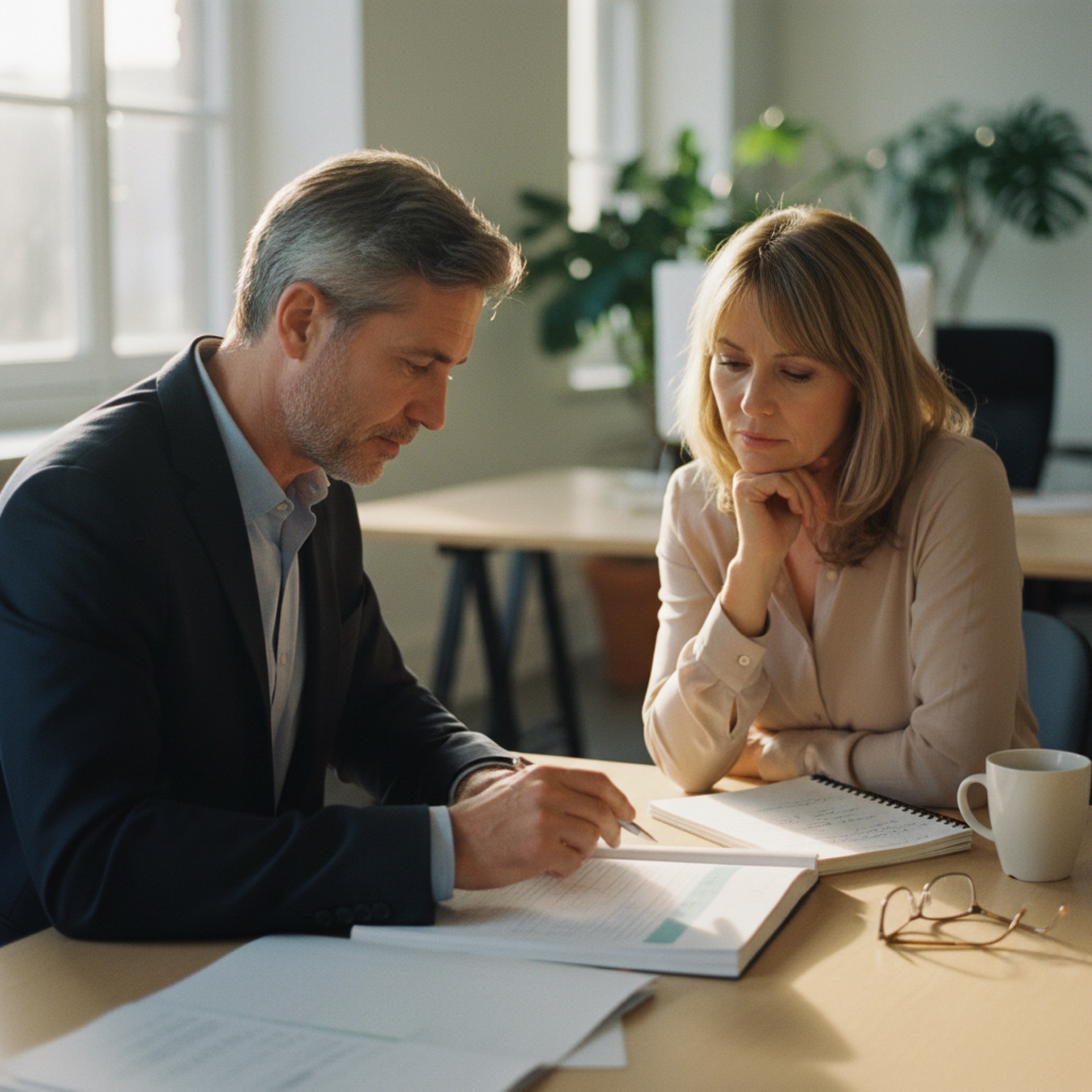 Two people looking at a laptop screen together at an office desk