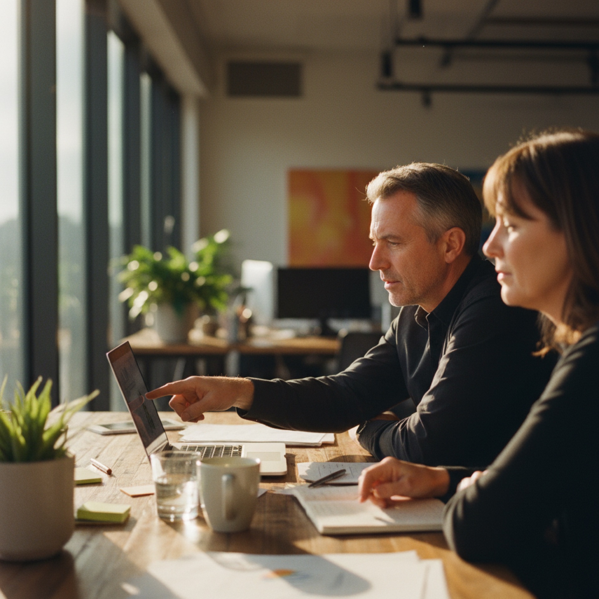Two colleagues at a desk, one pointing at a laptop screen while the other listens attentively