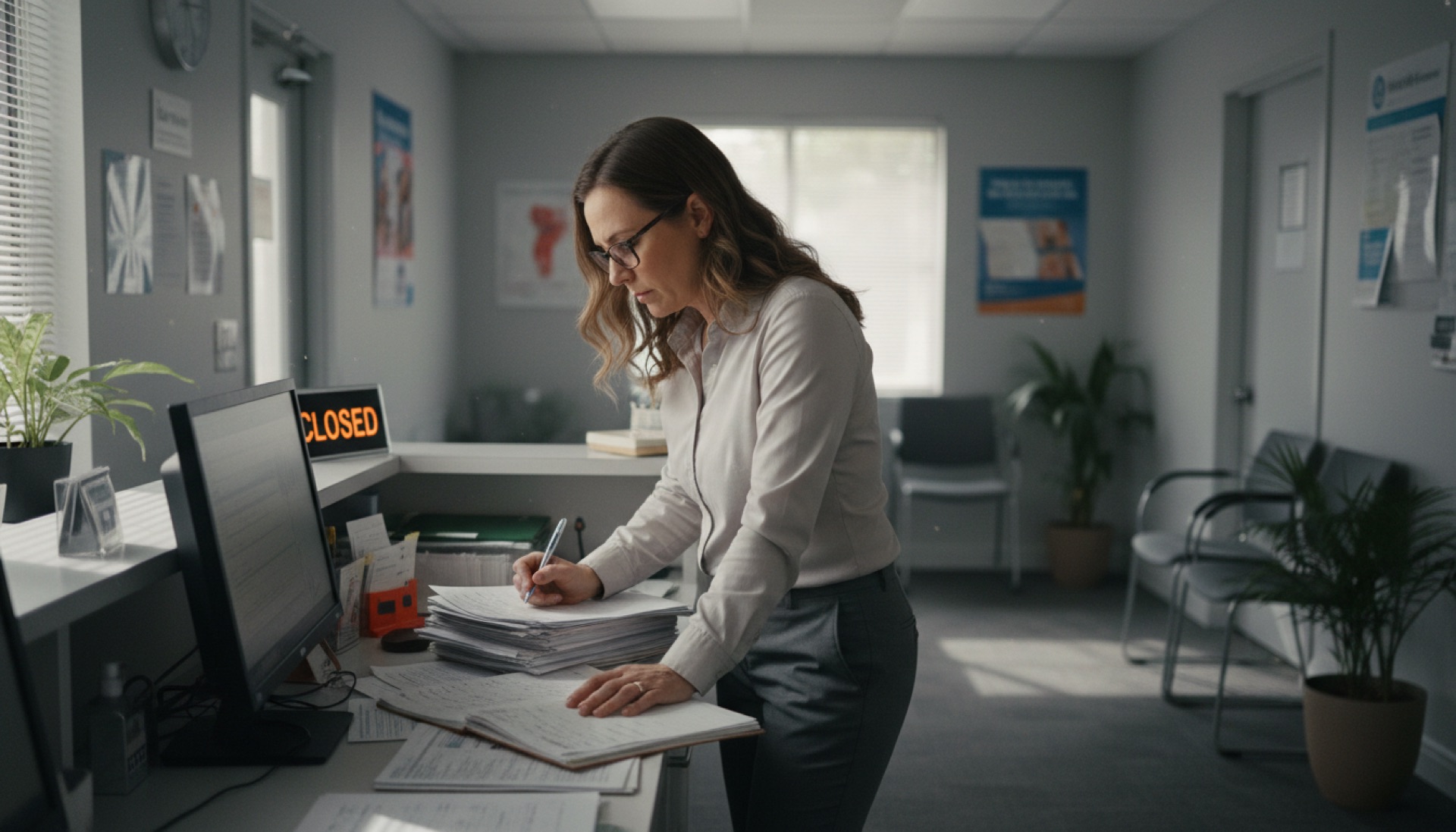 A practice manager reviewing documents at a clinic reception desk