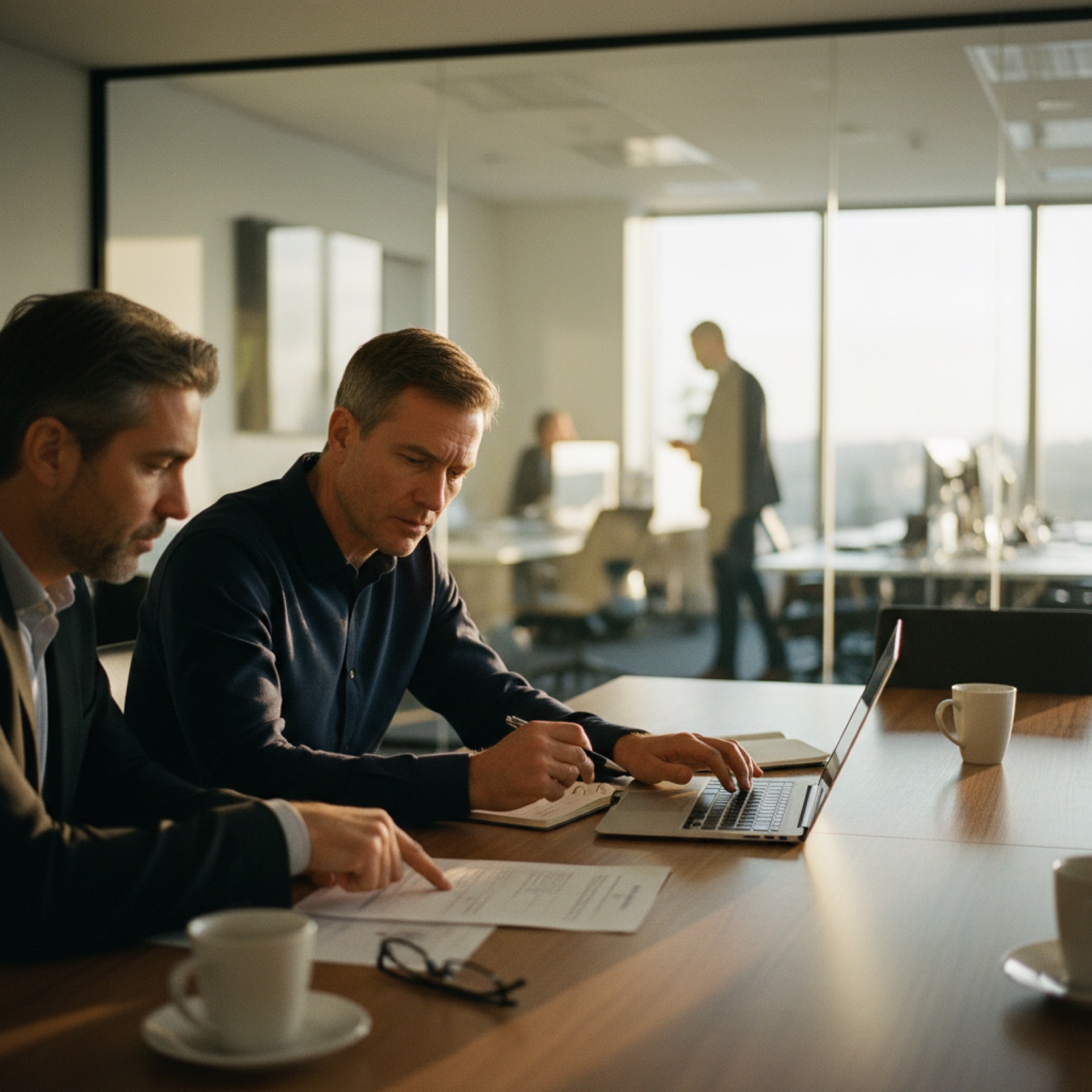 Two colleagues reviewing a document together at a meeting room table