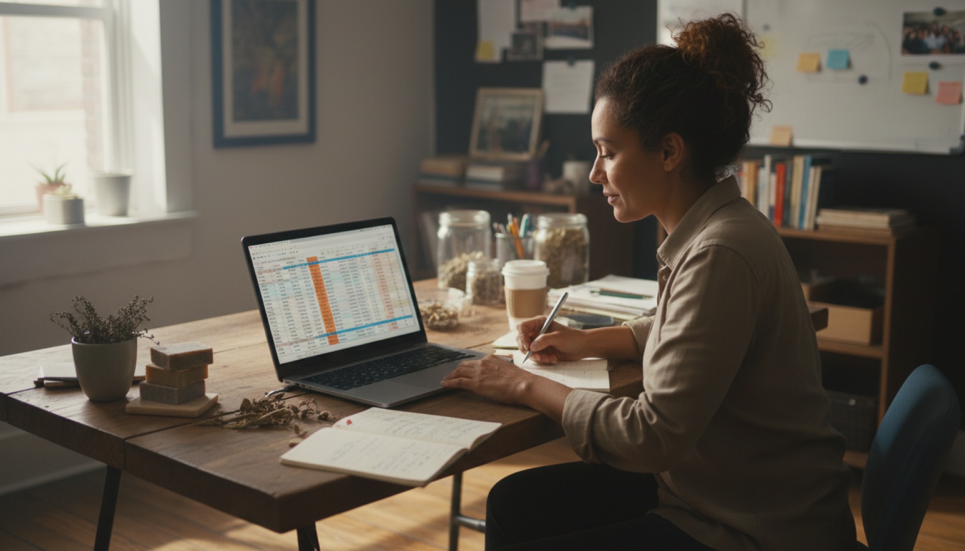 A person working through a spreadsheet on a laptop at a tidy desk, coffee cup to one side