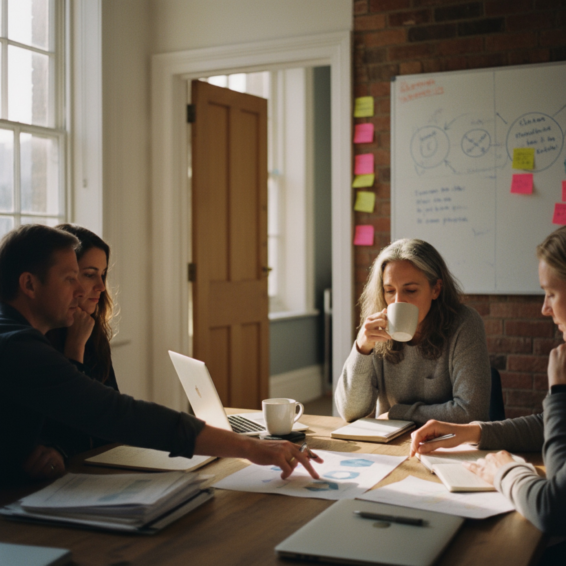 A small group of business colleagues in conversation around a table with papers and a laptop