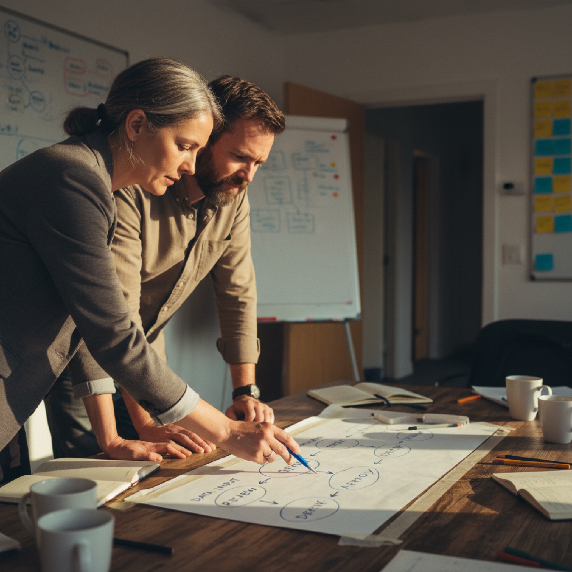 Two people reviewing a hand-drawn process flow diagram spread across a table