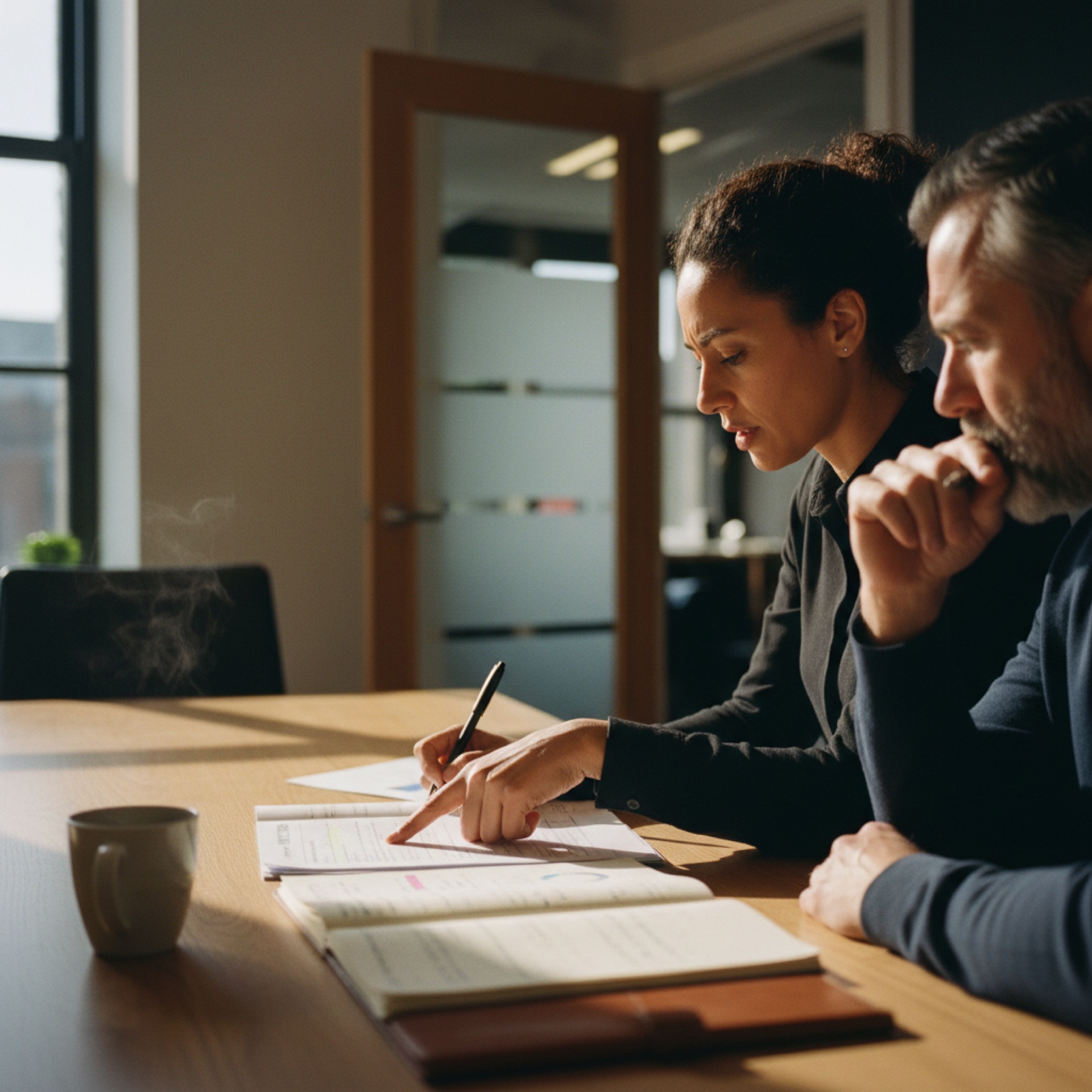 Two professionals reviewing a document together at a meeting table