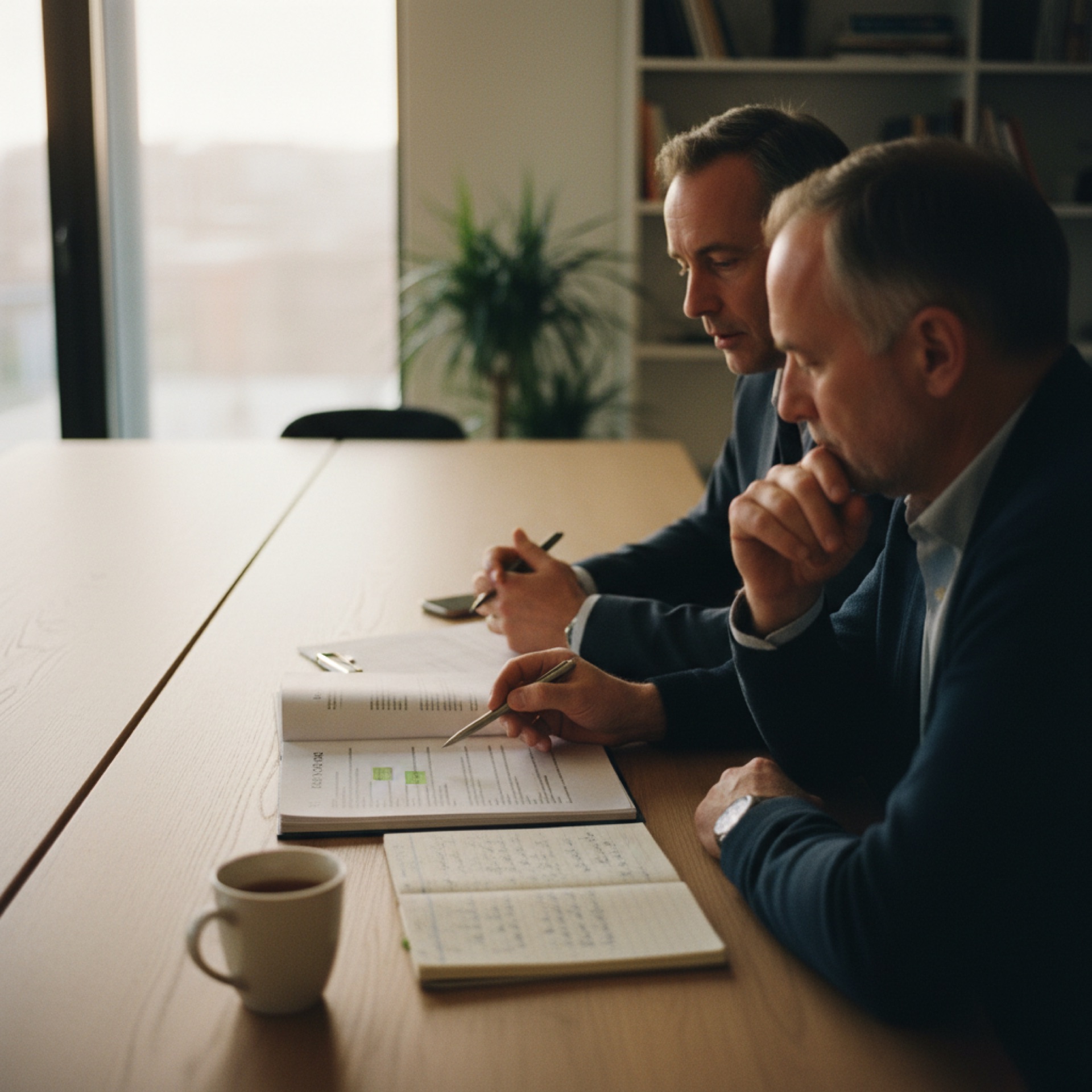 Two people talking across a table in a meeting room with documents in front of them