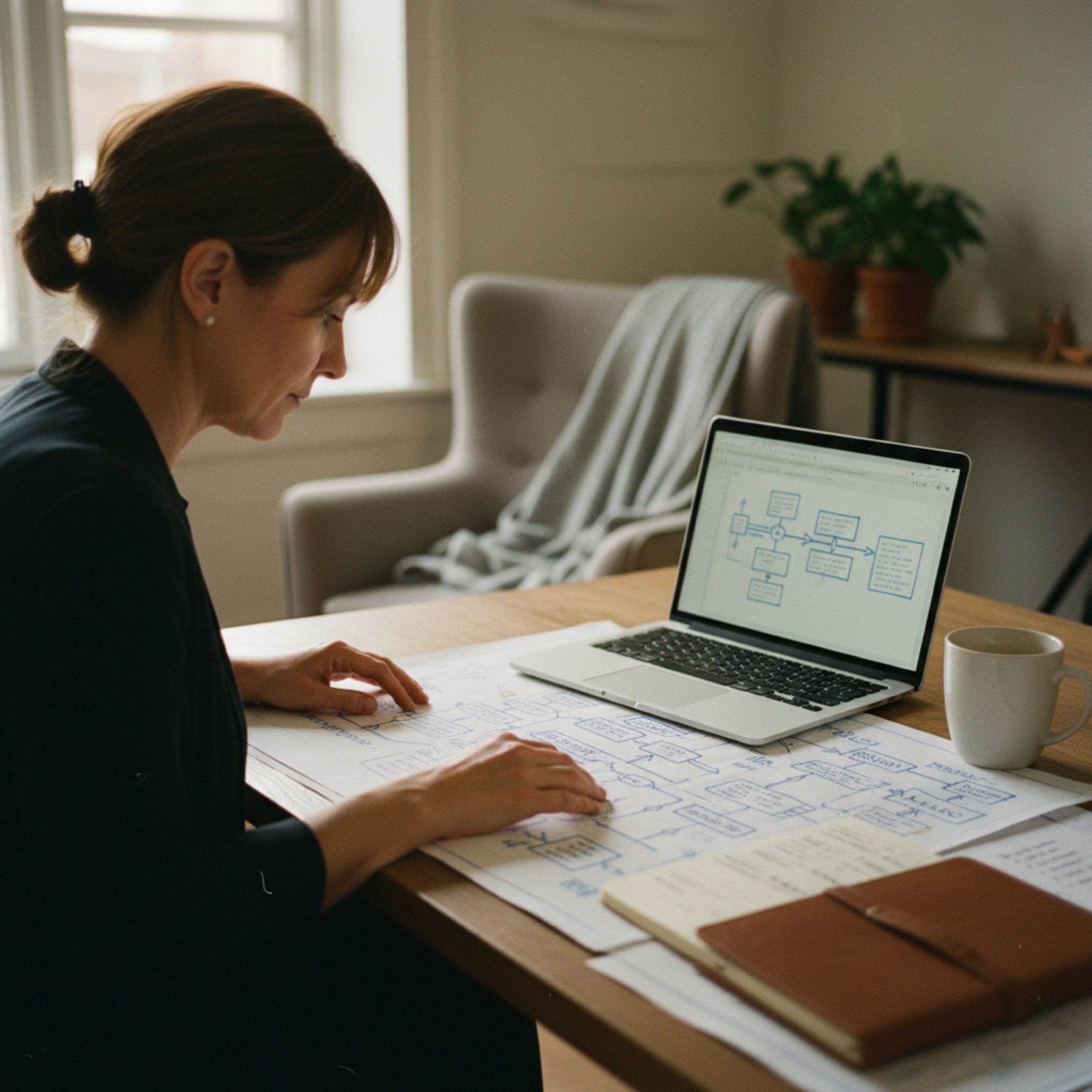 A person reviewing workflow documents and a laptop at a well-lit office desk
