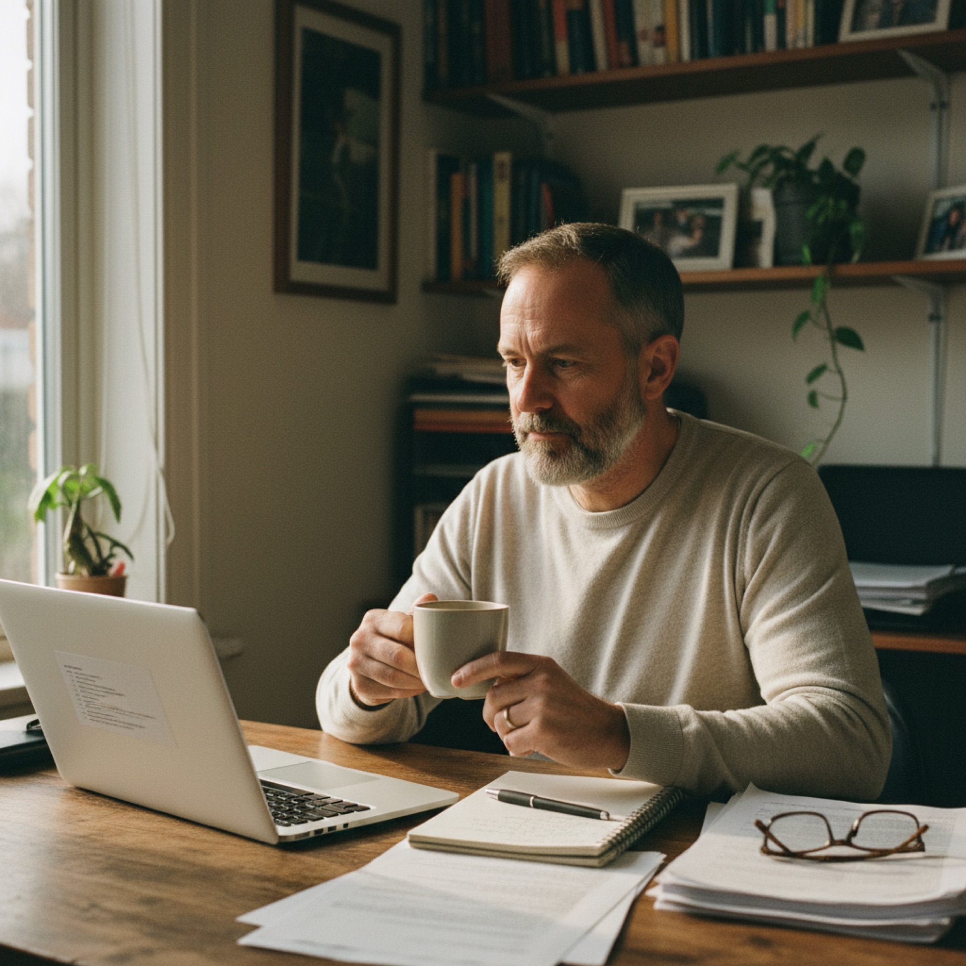 A business owner sitting at a desk with a laptop, pausing in a moment of considered reflection