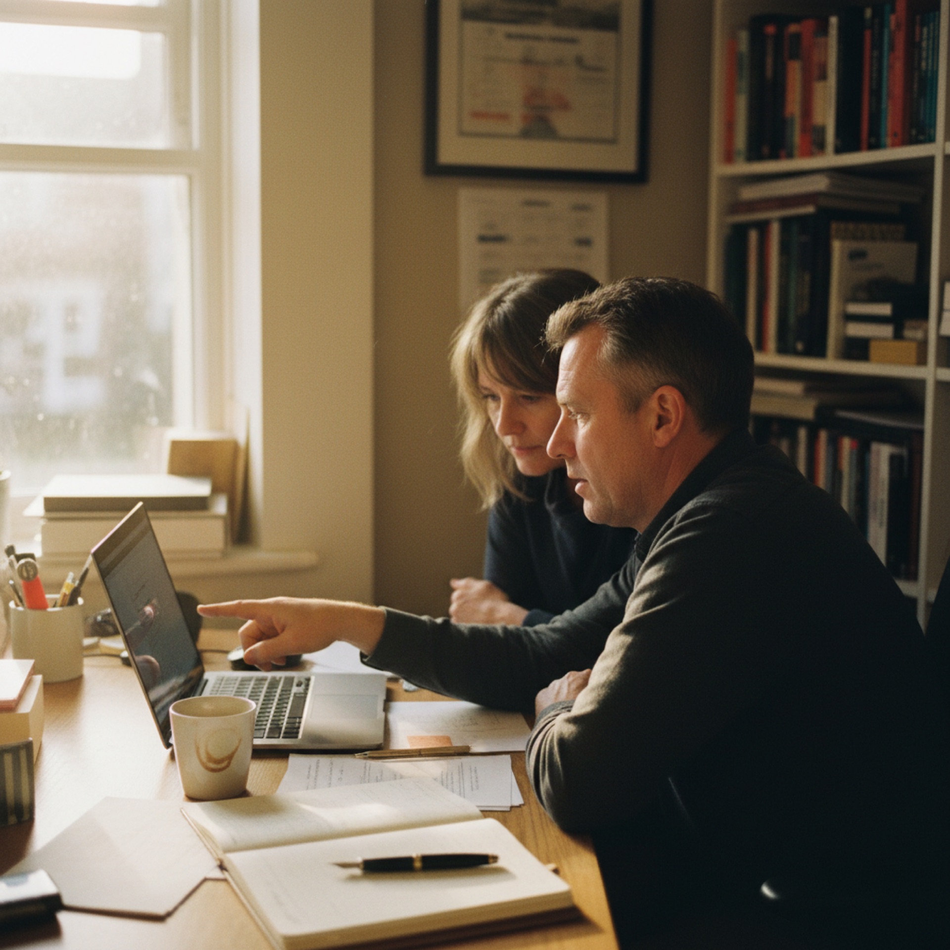 Two colleagues reviewing AI security settings on a laptop in a small office