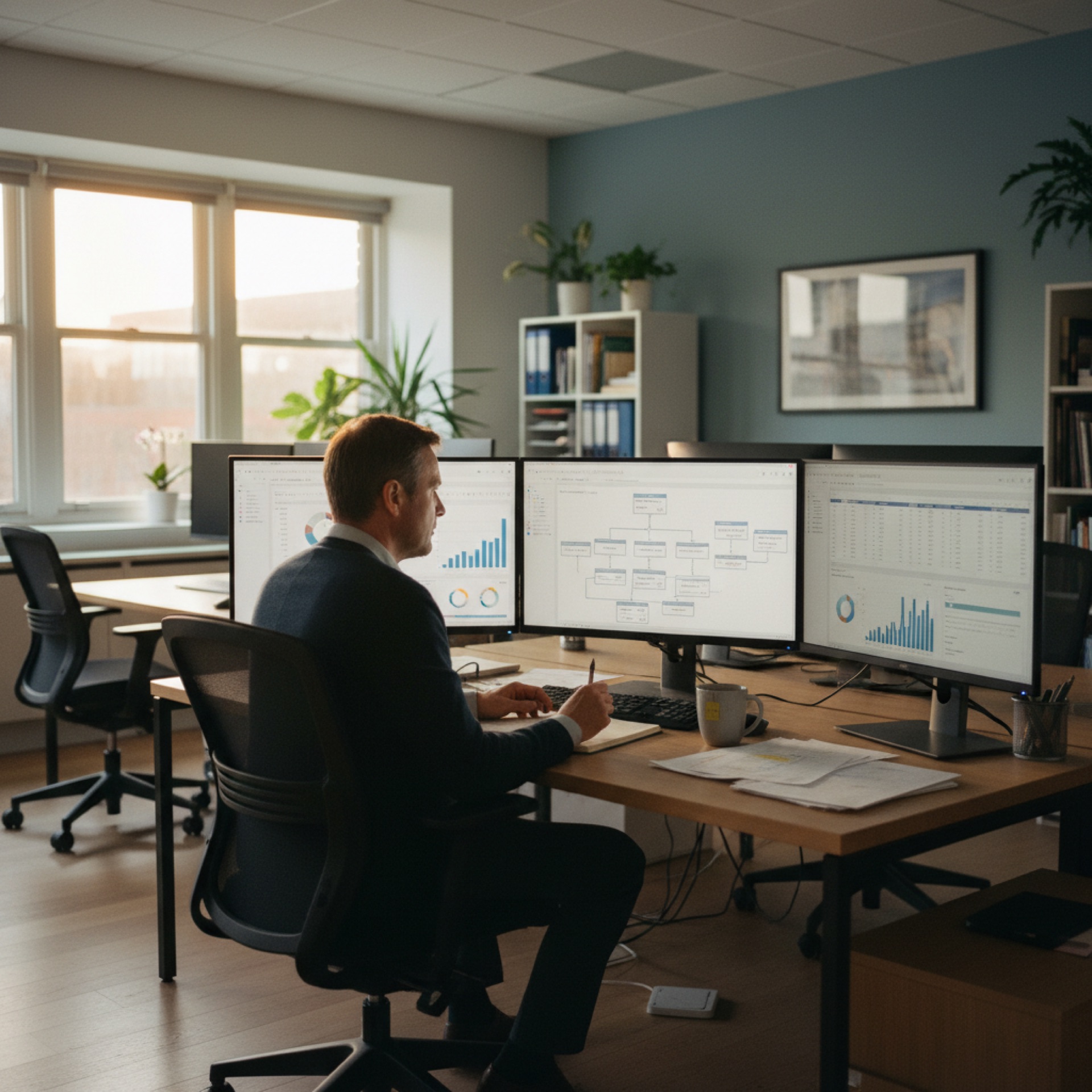 Person at a desk reviewing workflow outputs on multiple screens in a modern office