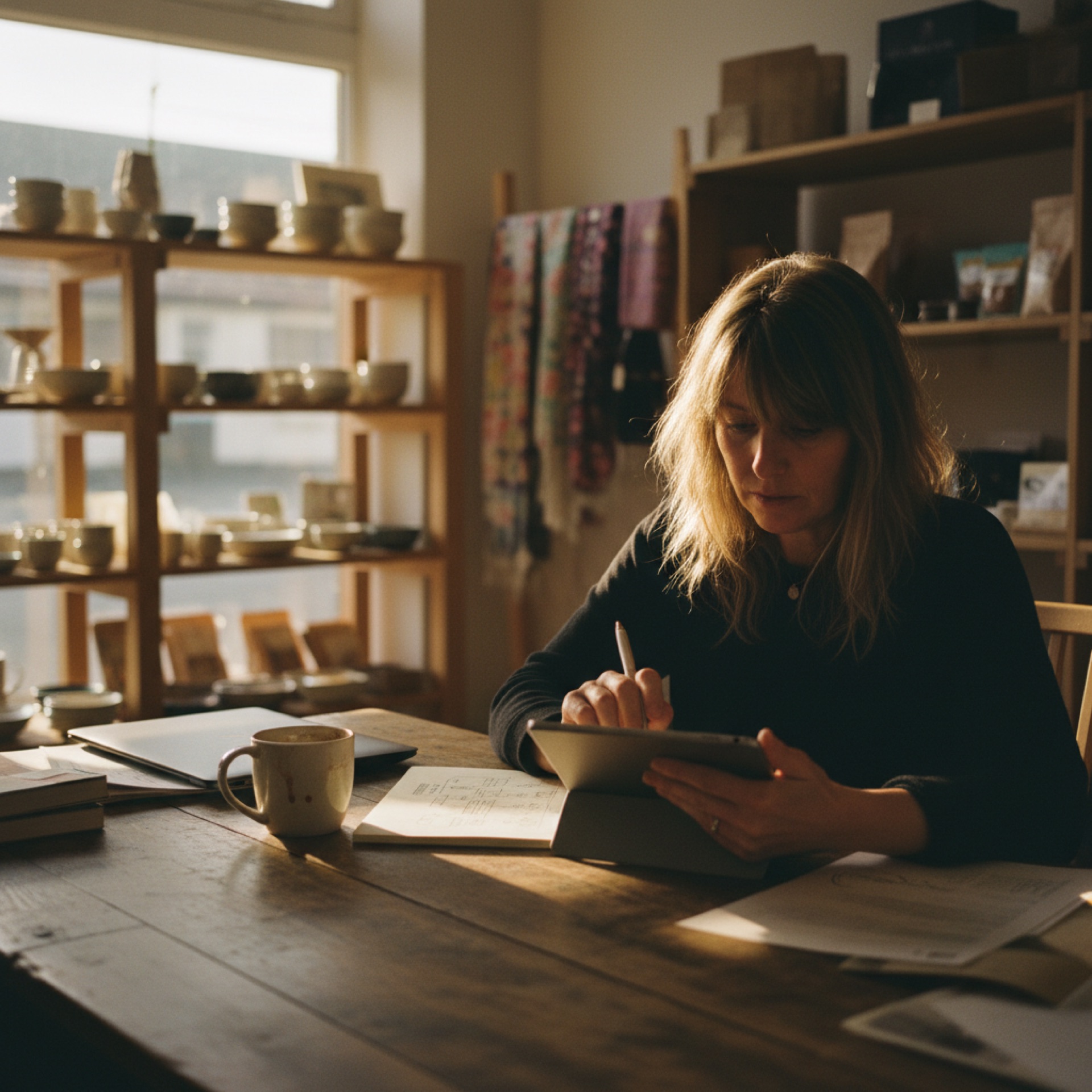 A shop owner reviews analytics on a tablet inside a small independent retail store