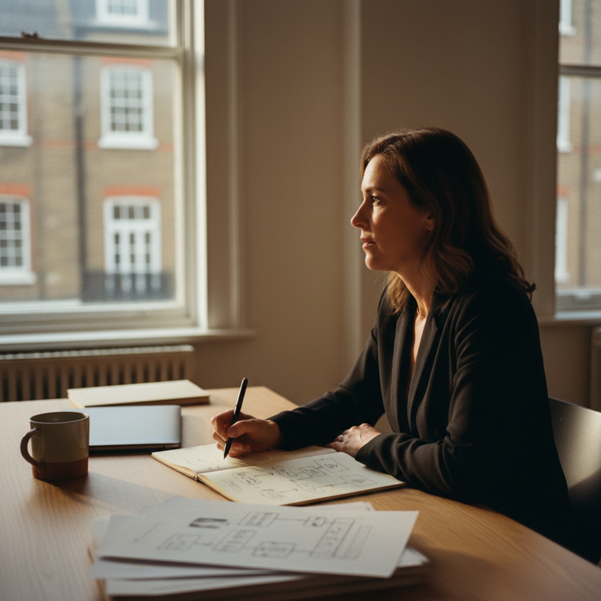 A person sitting at a desk reviewing printed documents beside an open laptop