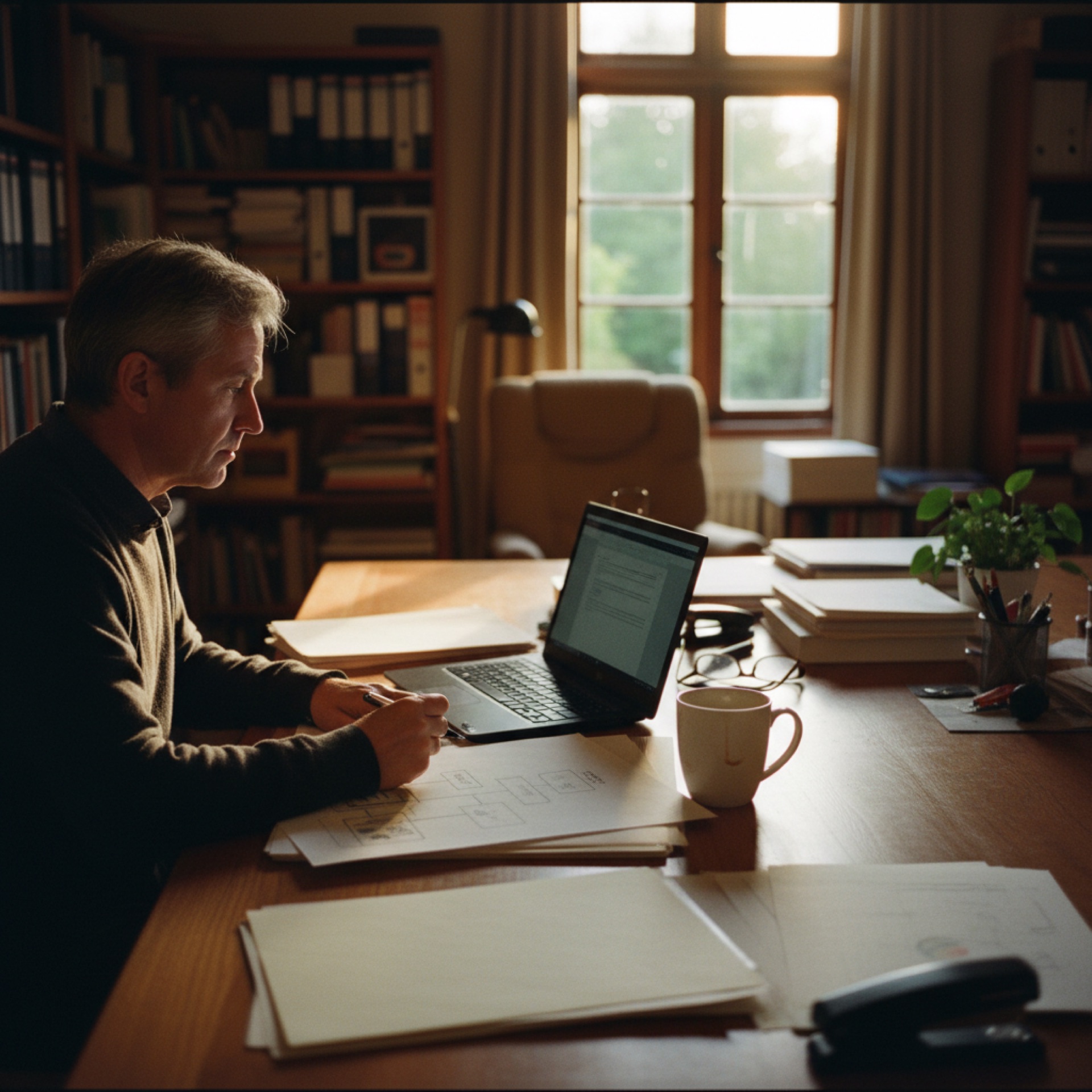 A person reviewing financial documents at a desk in a well-lit office