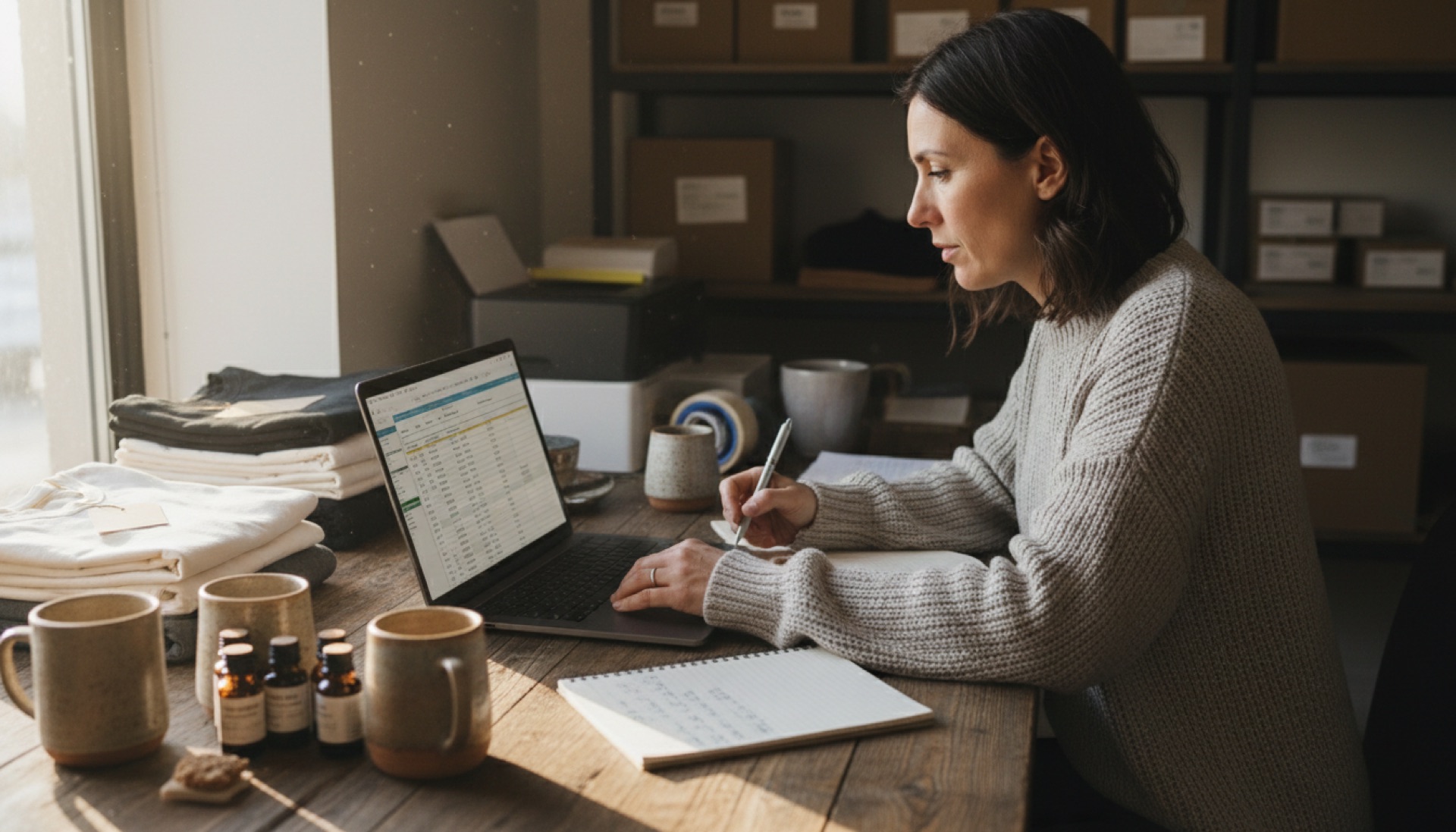 A person reviewing sales and inventory data on a laptop at a desk with product samples nearby