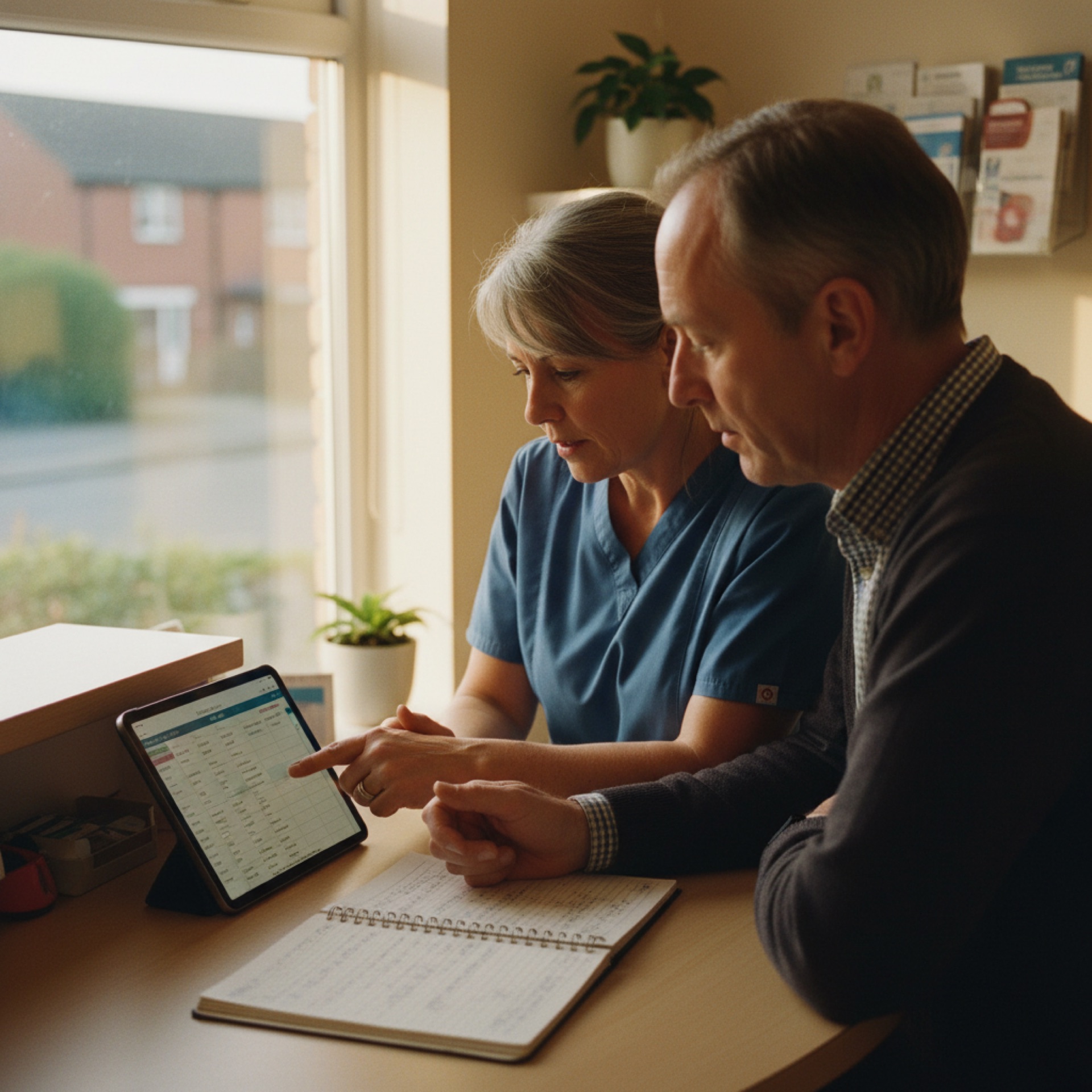 A clinician and a practice manager studying a tablet together at a small UK clinic reception desk