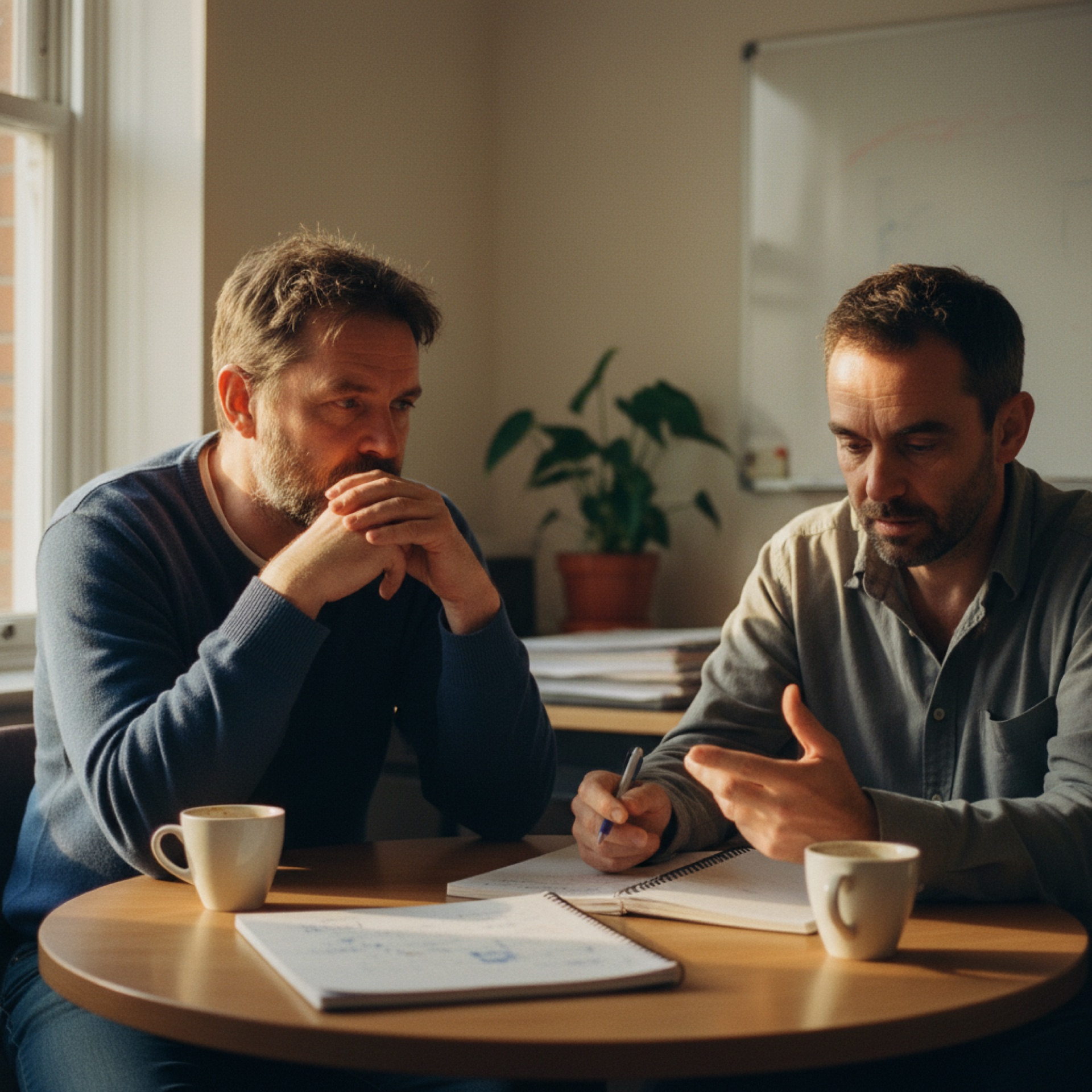 Two business partners sitting across a small table in a quiet meeting room, one listening as the other talks, with notebooks and coffee cups between them.