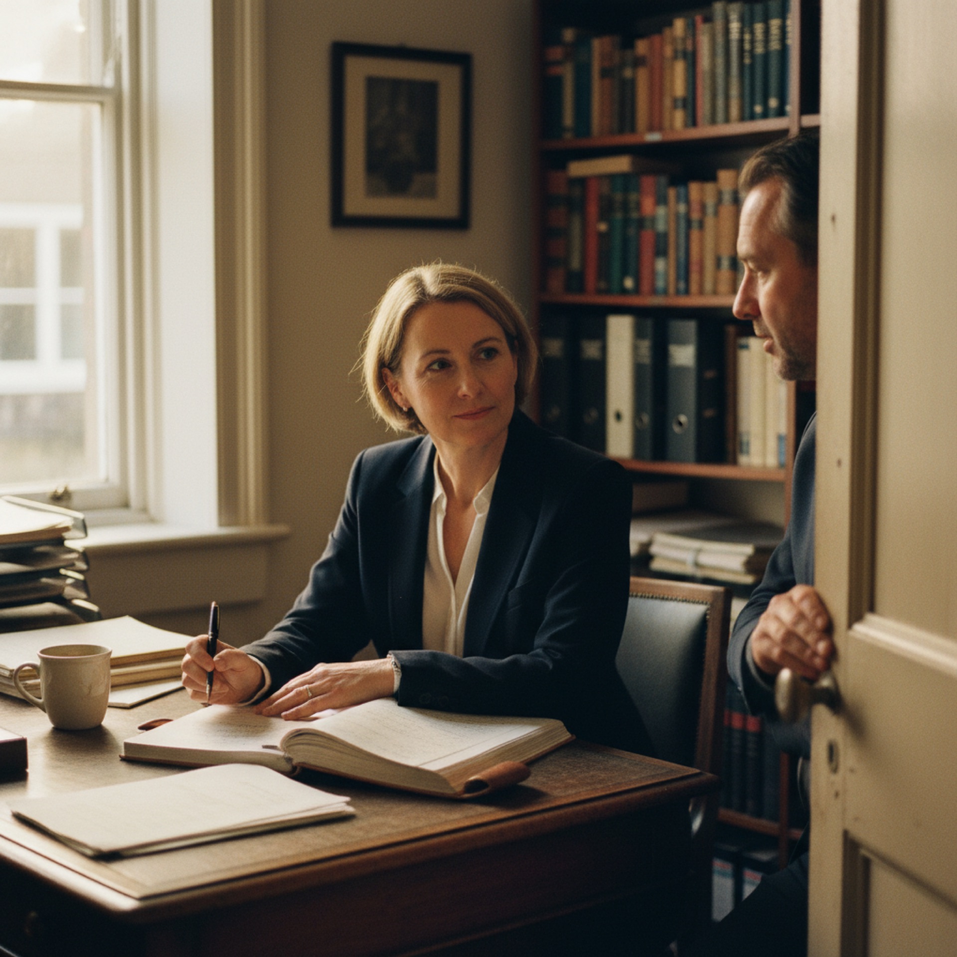 A solicitor at a desk in a small law-firm office talking with a colleague, laptop and paper file on the desk, daylight through a window.