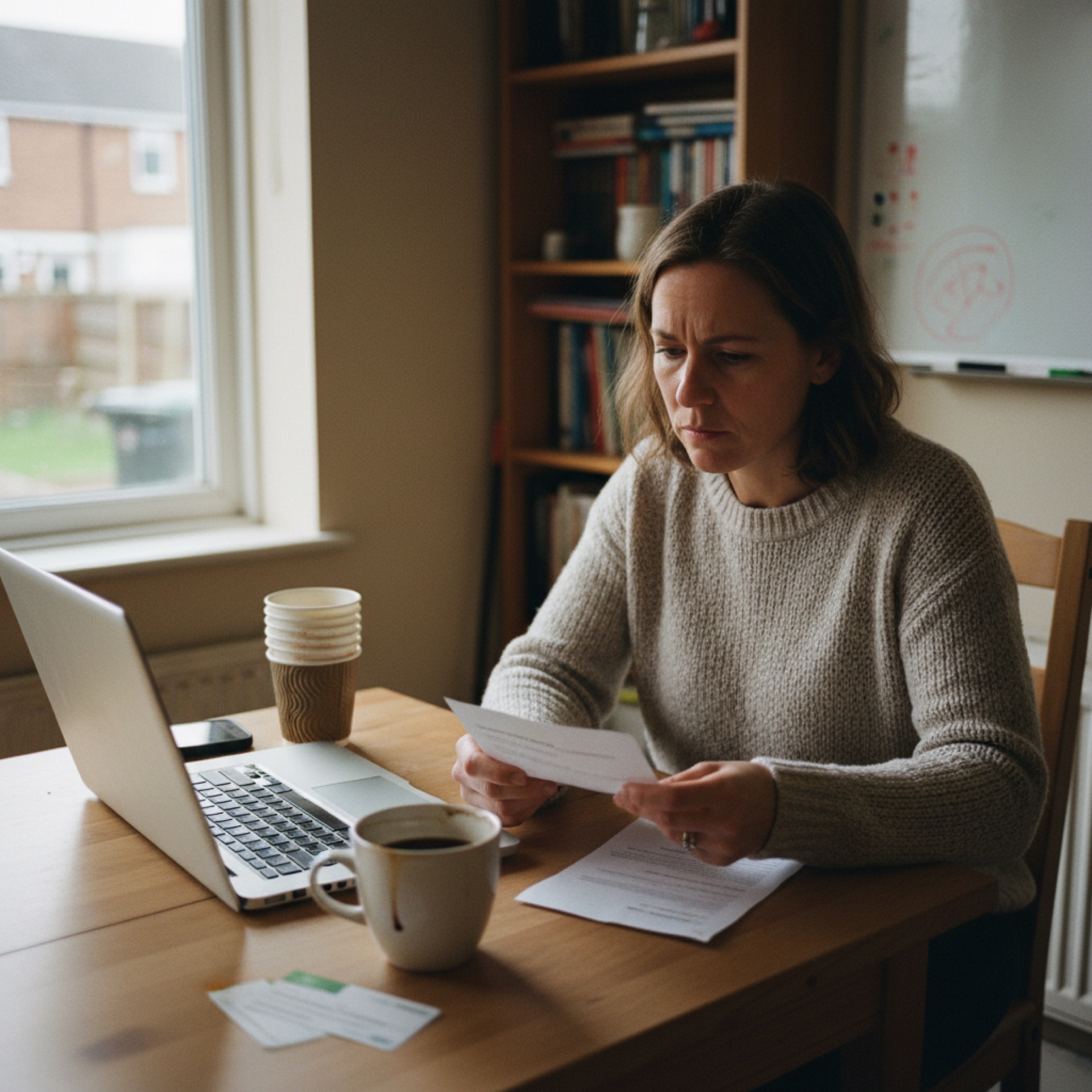 A woman sitting at a kitchen table reviewing a printed email next to an open laptop, looking concerned