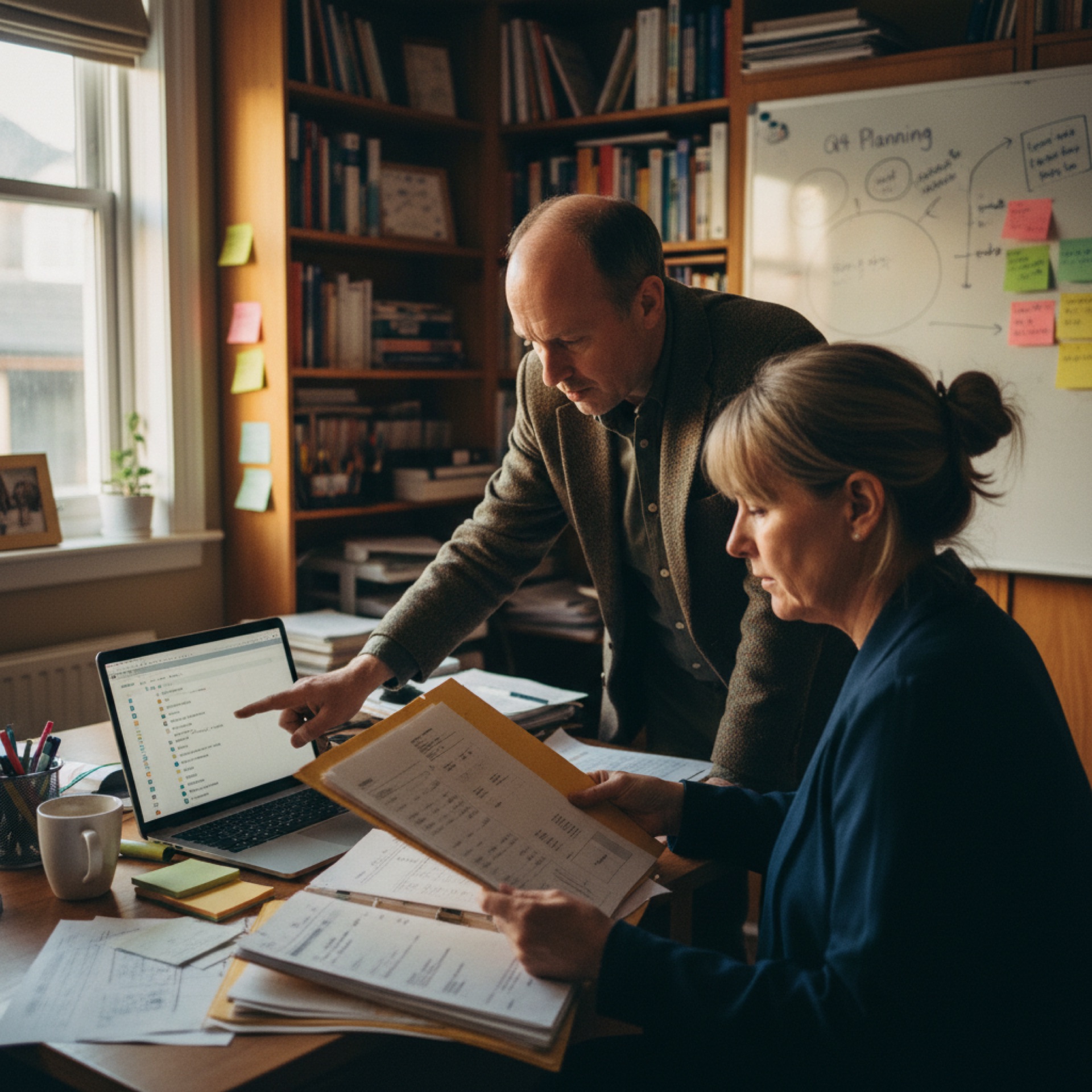 Two business owners reviewing documents together at a desk, one looking at a laptop and the other holding a printed folder.