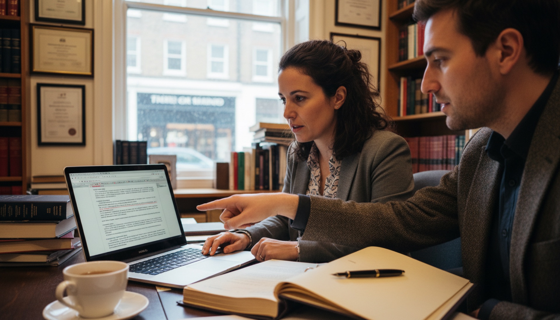 A solicitor at a desk in a small law firm office reviewing a draft on her laptop while a colleague at the next desk leans over to discuss it, paper file and pen on the desk, daylight through a window.