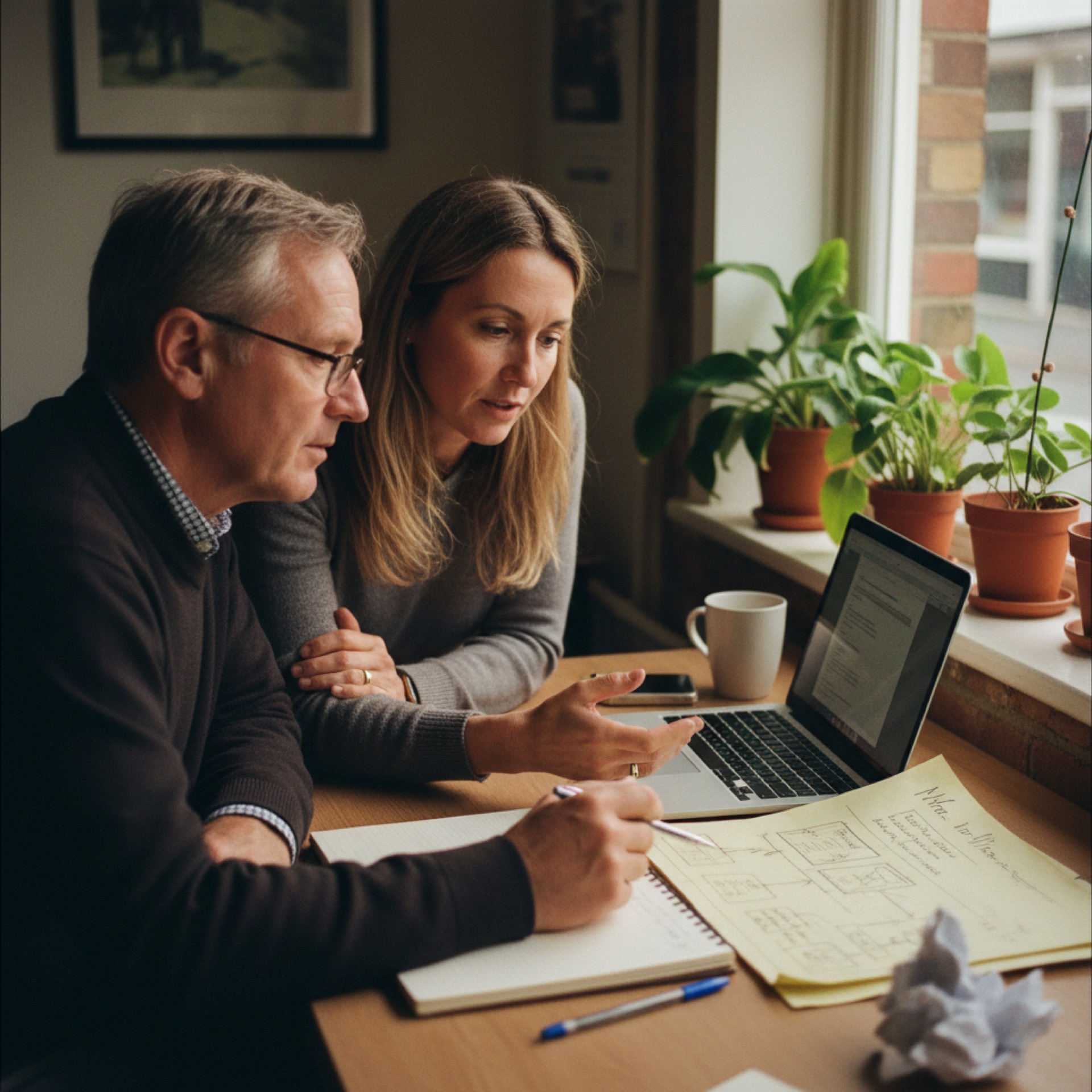 Two people at a desk in a small office reviewing a laptop screen together with a notebook open beside them