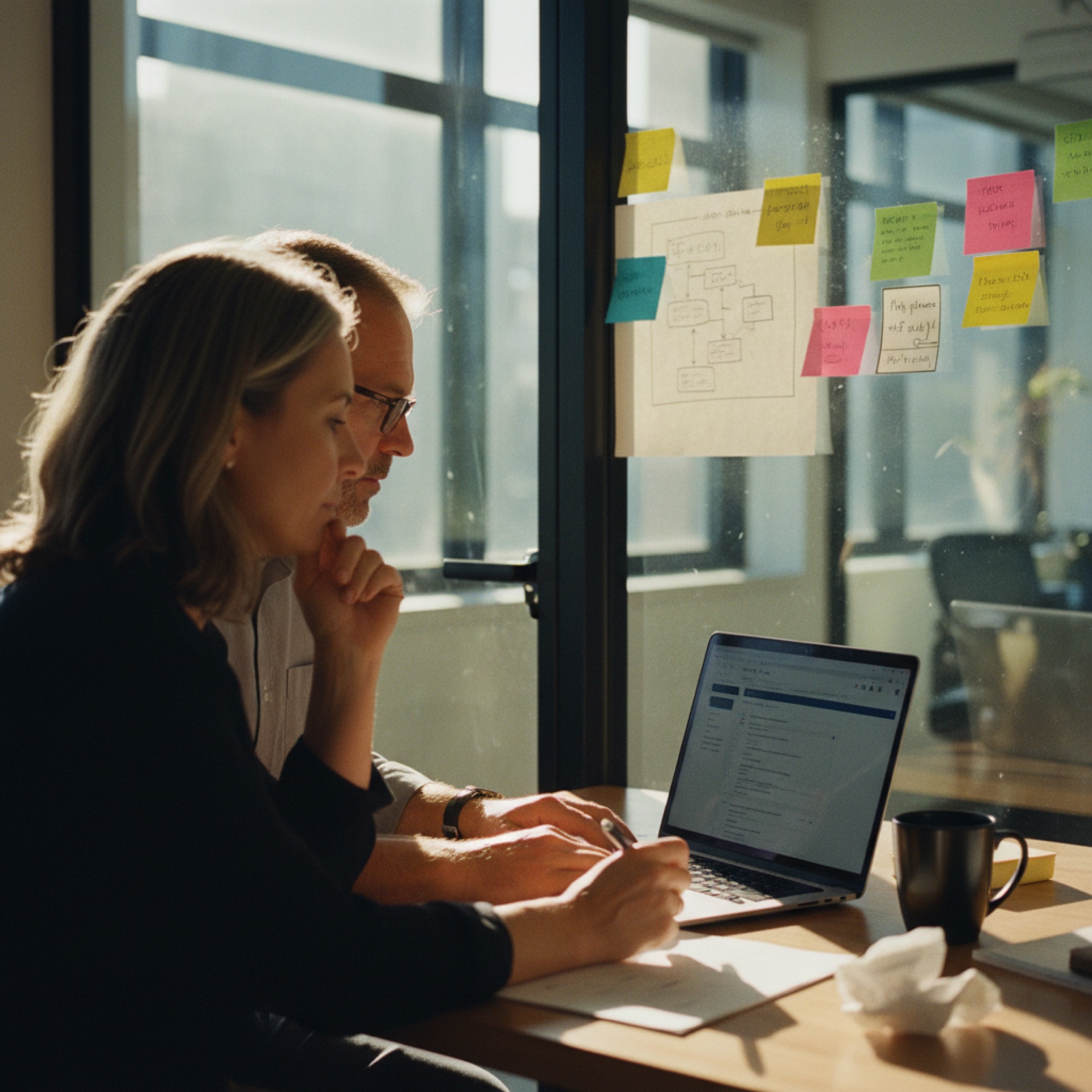 Two colleagues reviewing a laptop dashboard together in a SaaS office with a whiteboard of sticky notes behind them