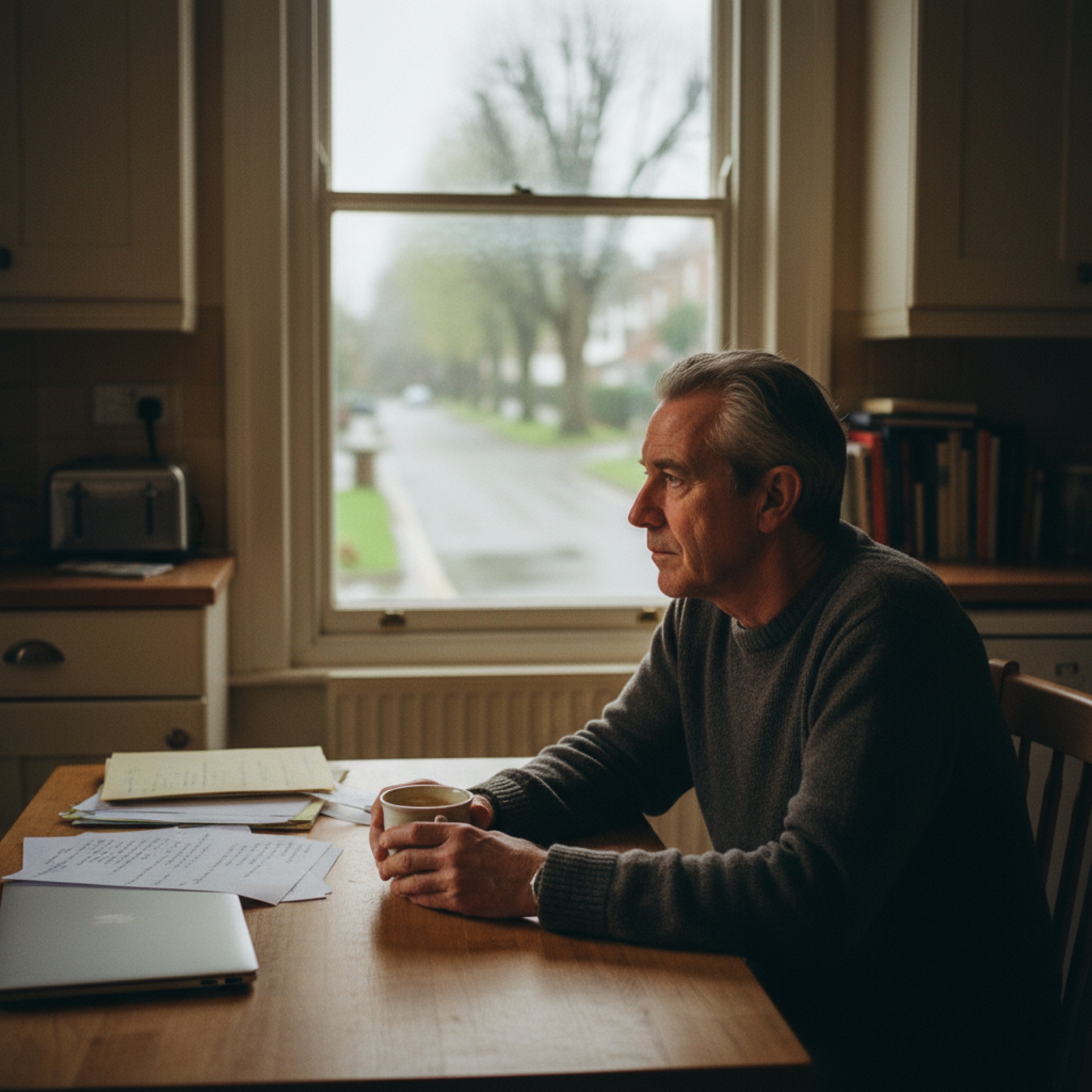 Man in his fifties sitting alone at a kitchen table with a mug of coffee, looking out of the window in the morning