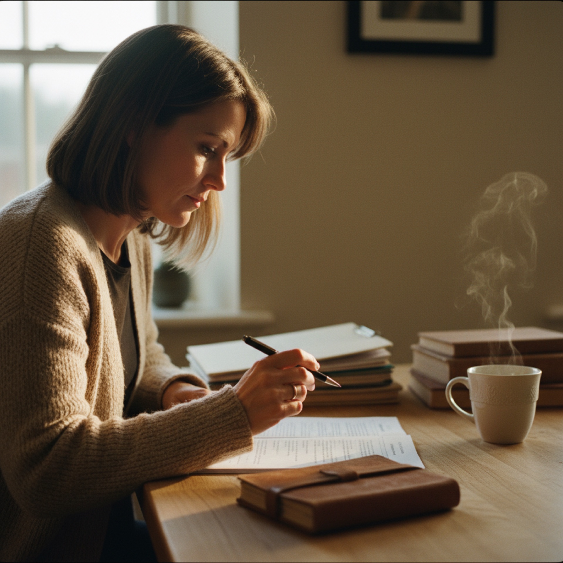 A woman in her forties sitting at a kitchen table reading printed notes next to an open laptop, mug of tea beside her