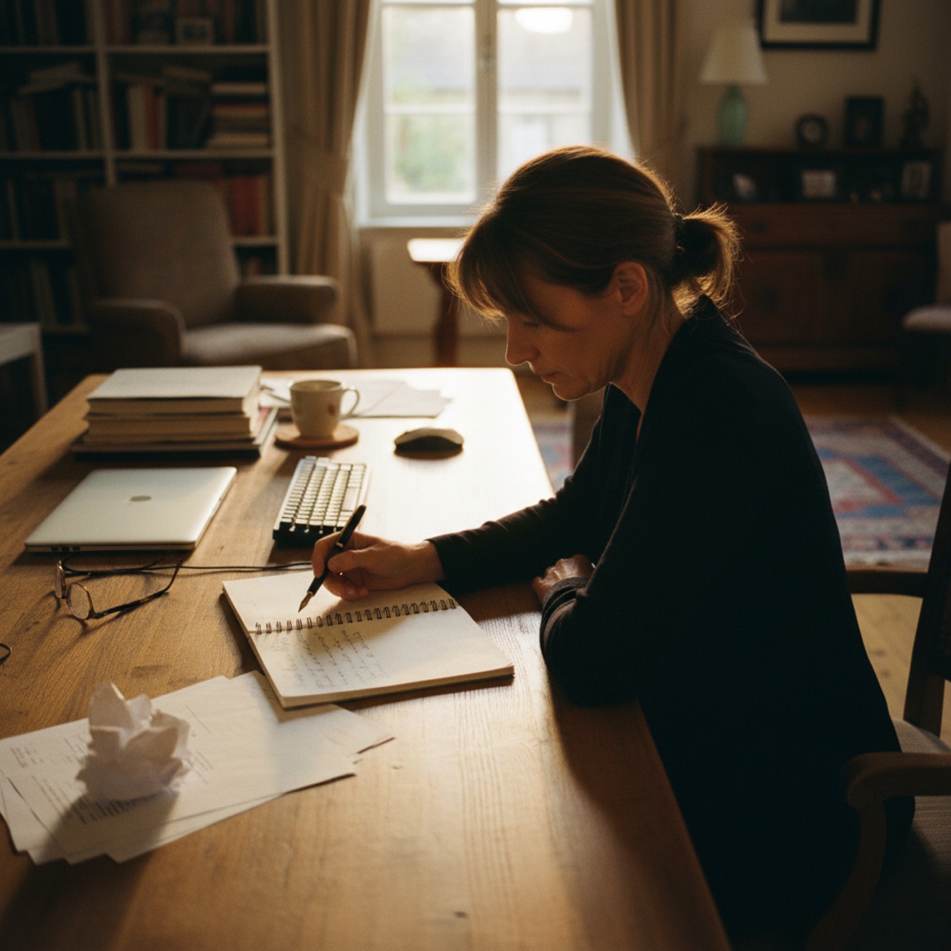 A business owner at a desk reviewing financial reports on a laptop with a notepad beside them