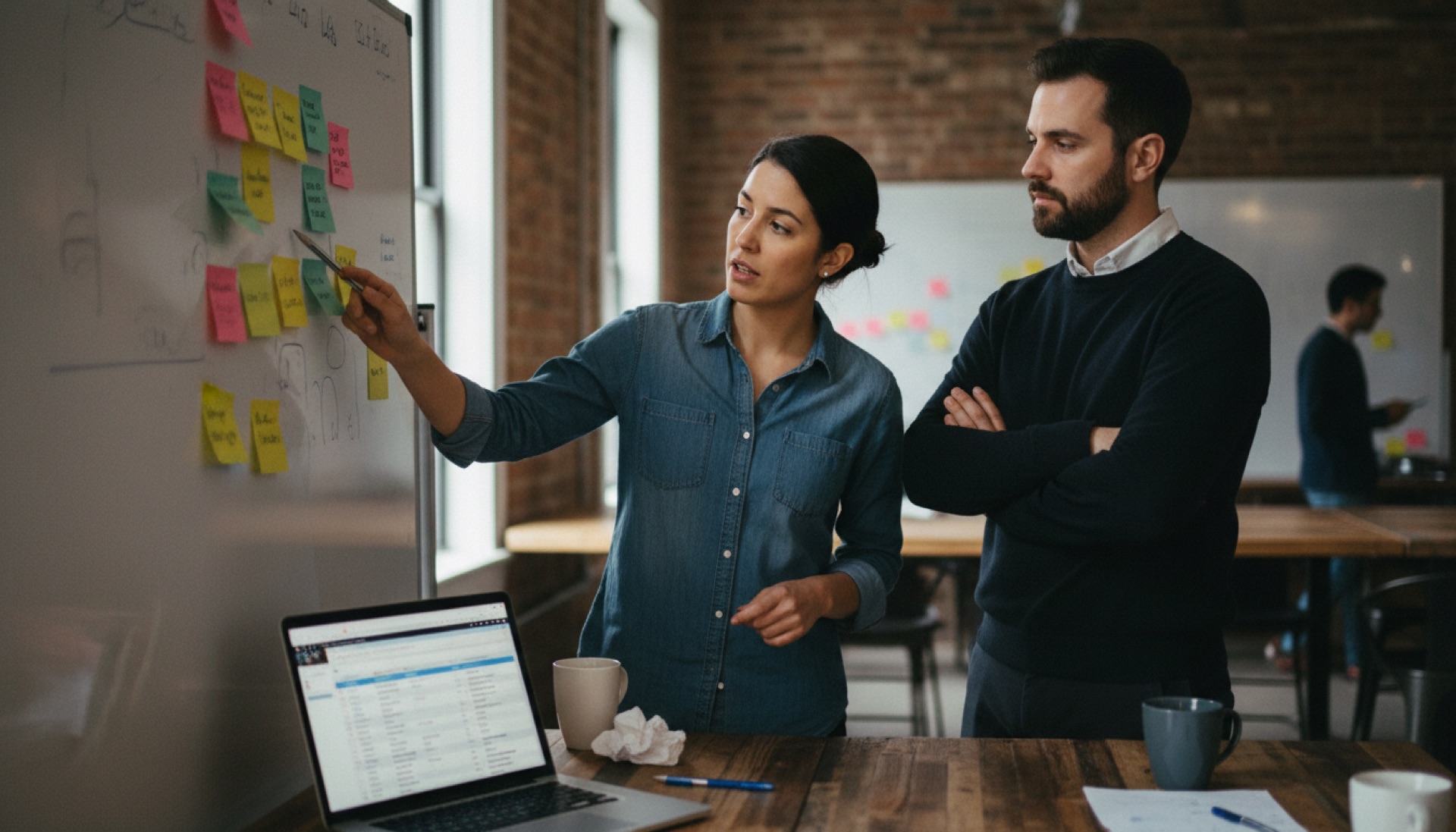 Two people reviewing sticky notes on a whiteboard, with a laptop open beside them