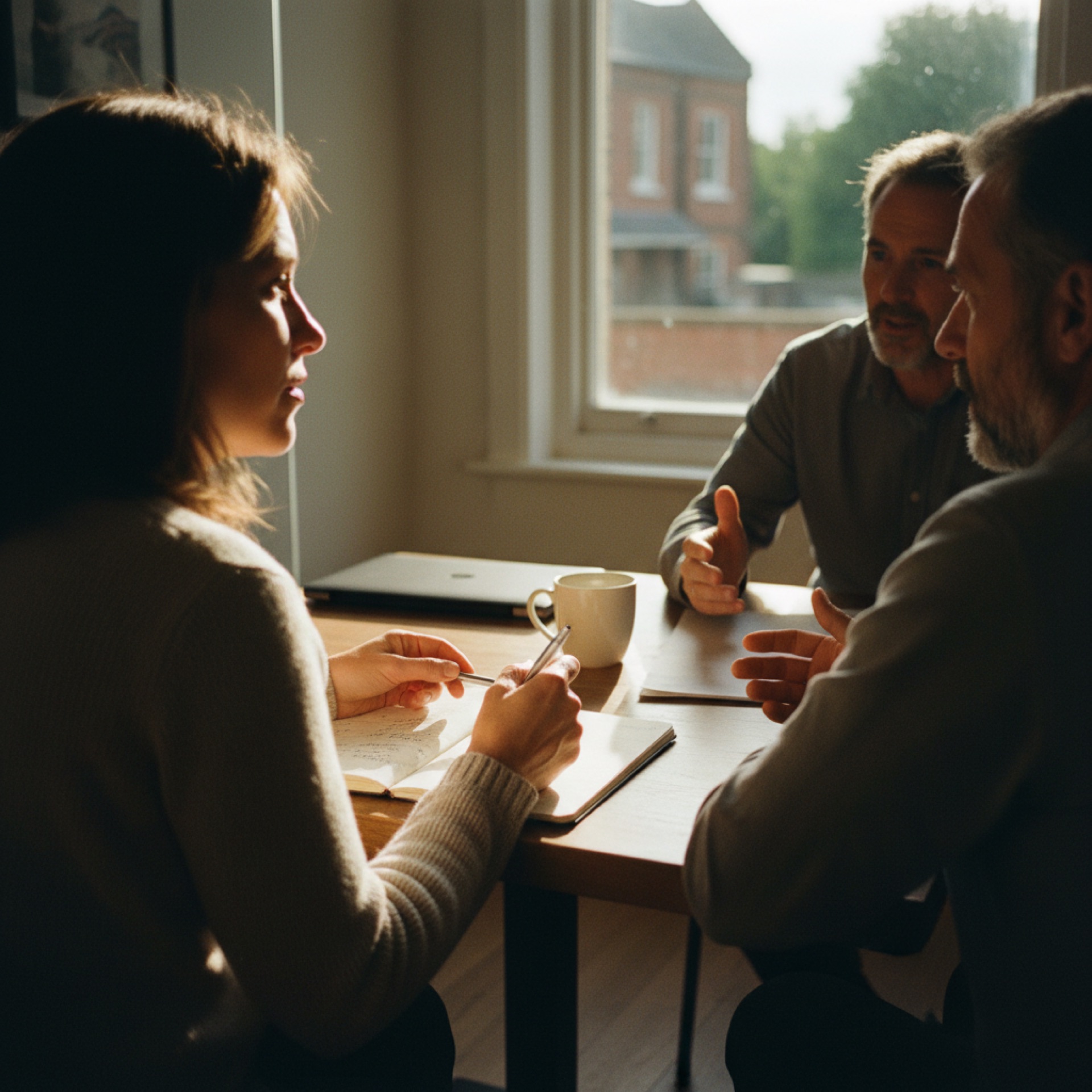 Manager and employee sitting across a small table in a glass-walled meeting room, one person writing notes