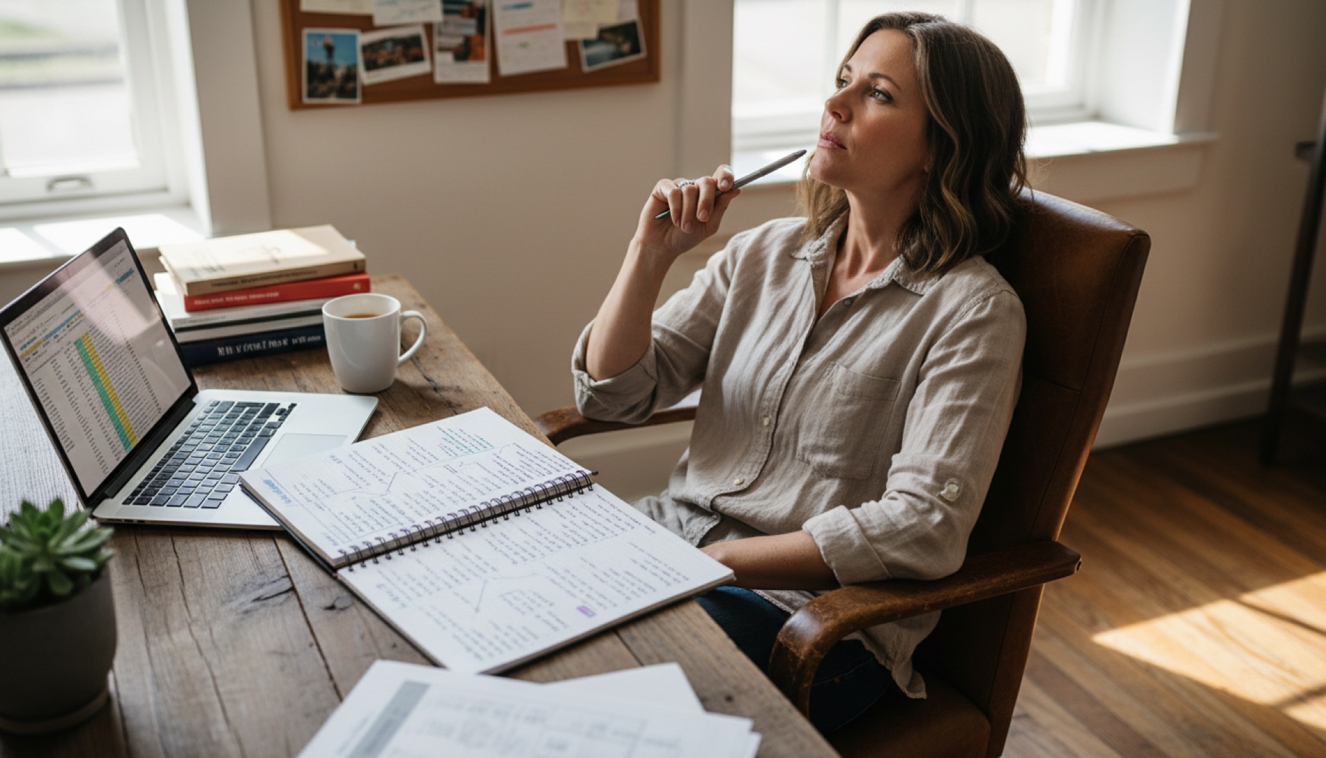 A person at a desk with an open notebook and laptop, looking thoughtfully at handwritten notes