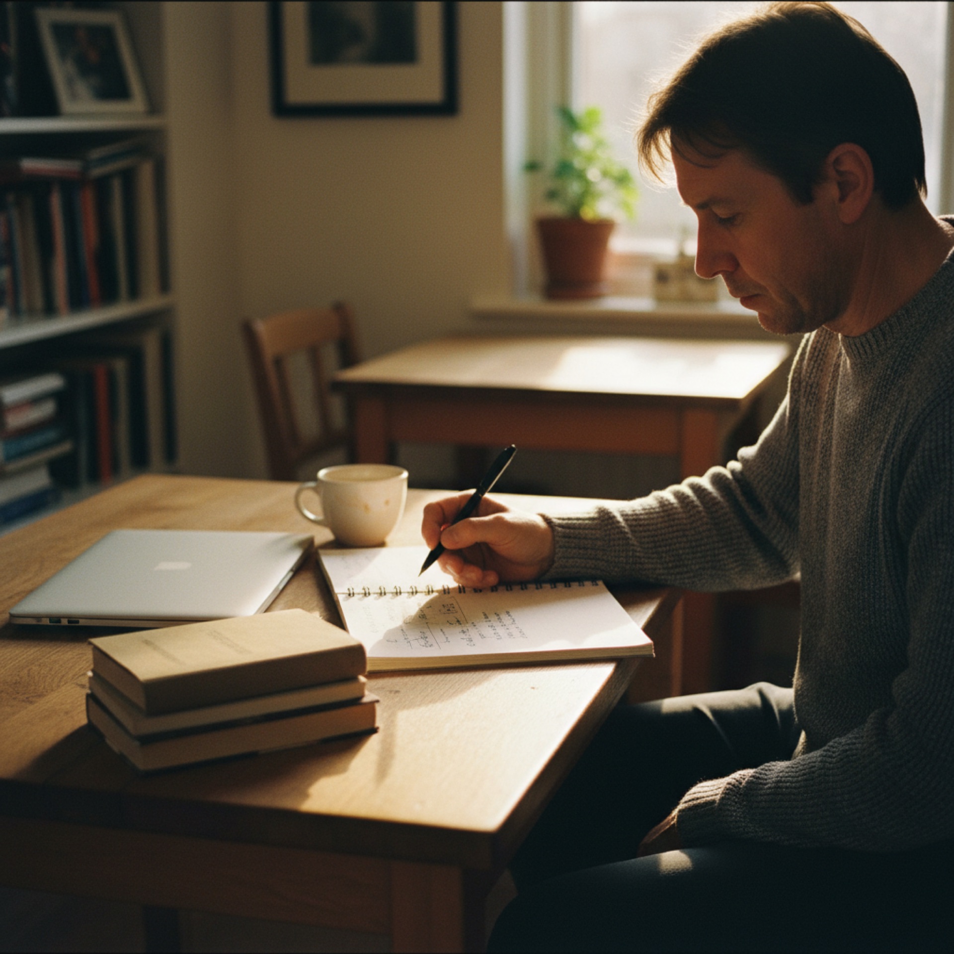 A person at a desk reviewing handwritten notes beside an open laptop