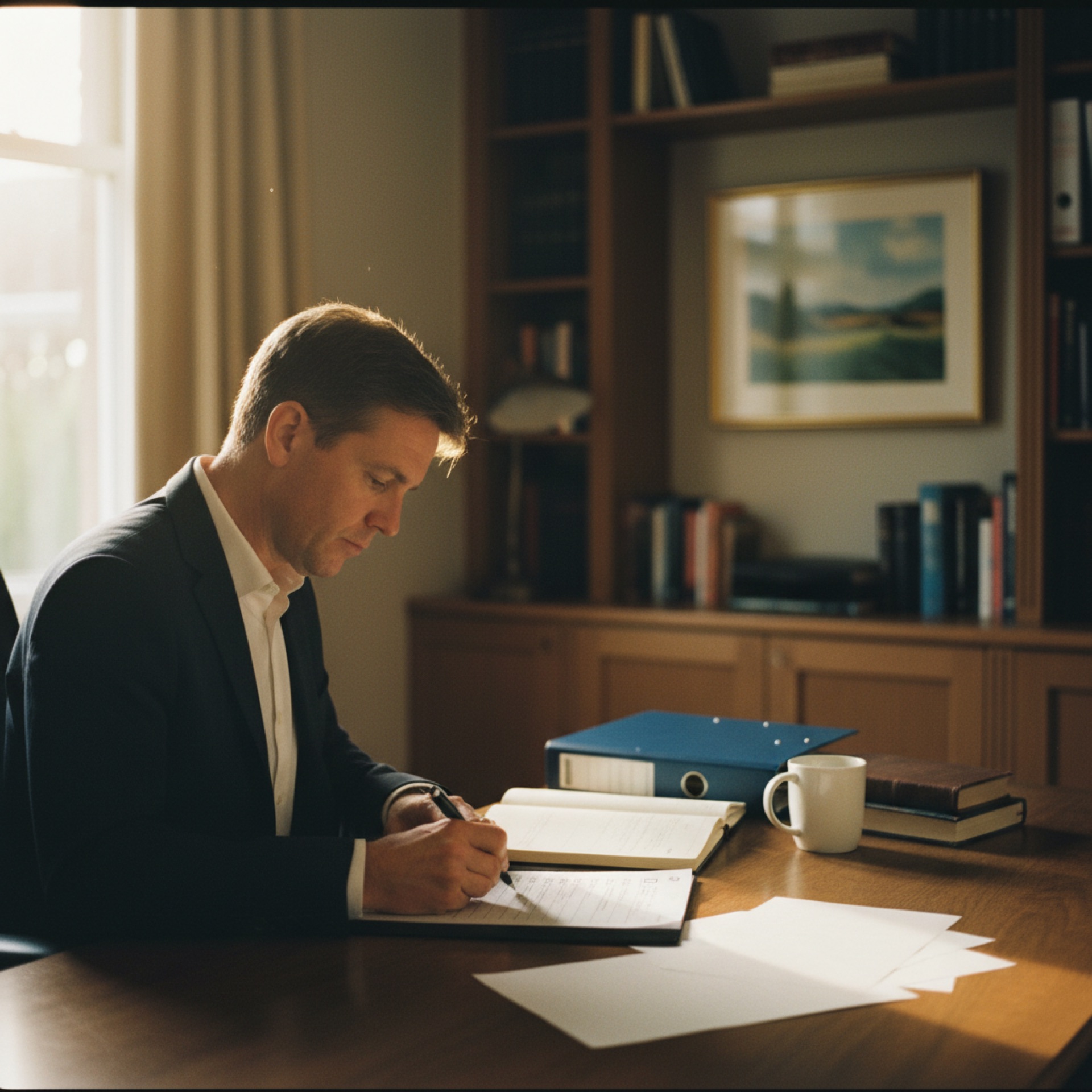 A business owner at a desk annotating a printed checklist beside an open laptop