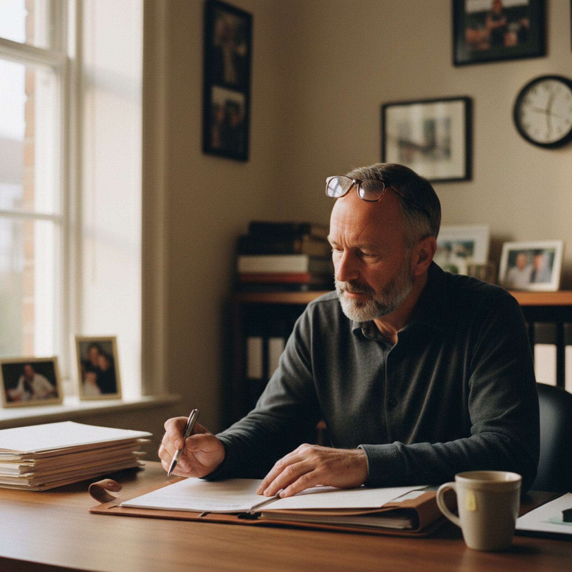 Business owner reviewing a document at a desk with natural light from a window
