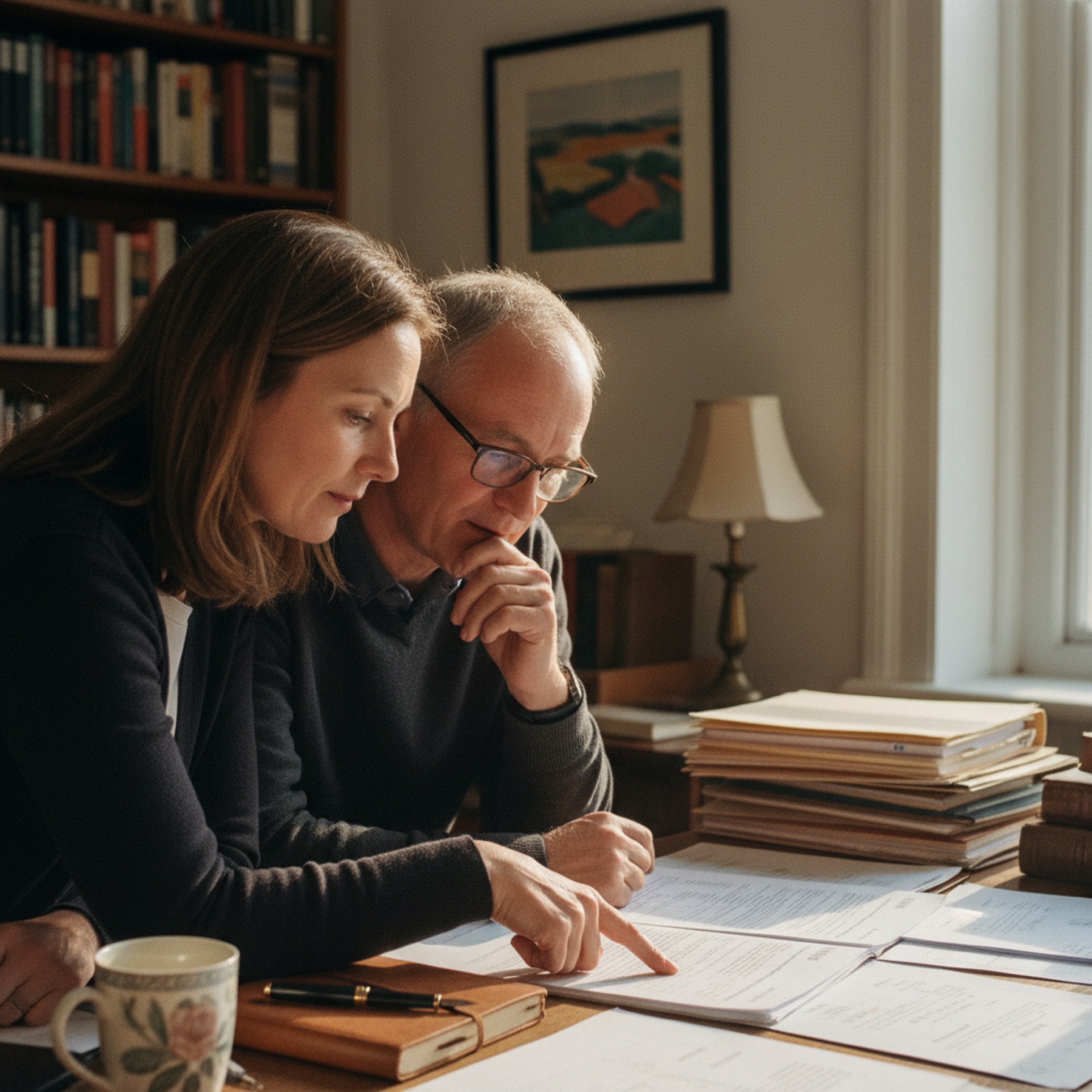 Two people reviewing printed documents at an office desk with a laptop in the background