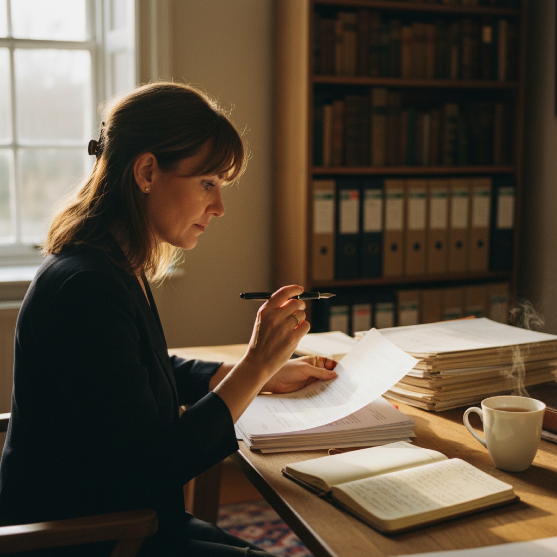 Person reviewing a printed document at a wooden desk with a pen, natural light from a window