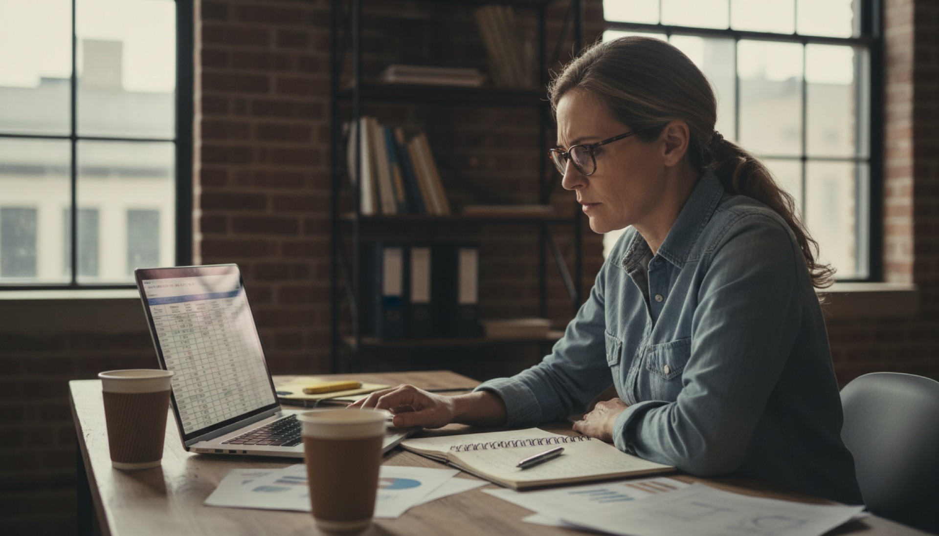 Business owner at a desk reviewing figures on a laptop screen with a notepad open beside them