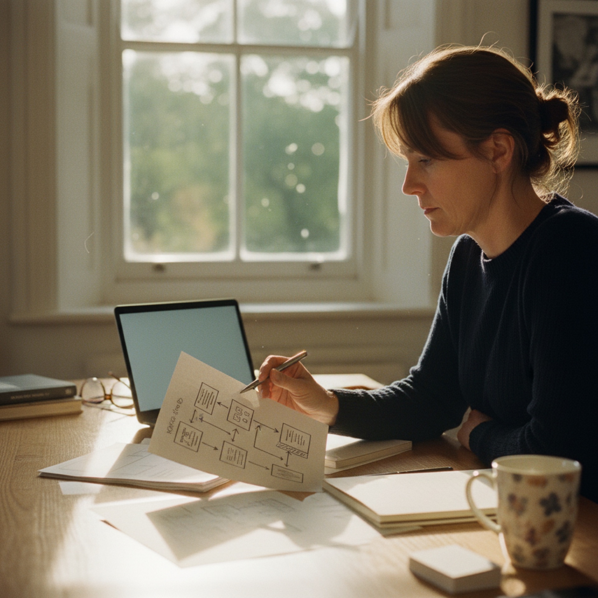 A business owner reviewing paper documents at a desk with a laptop open beside them