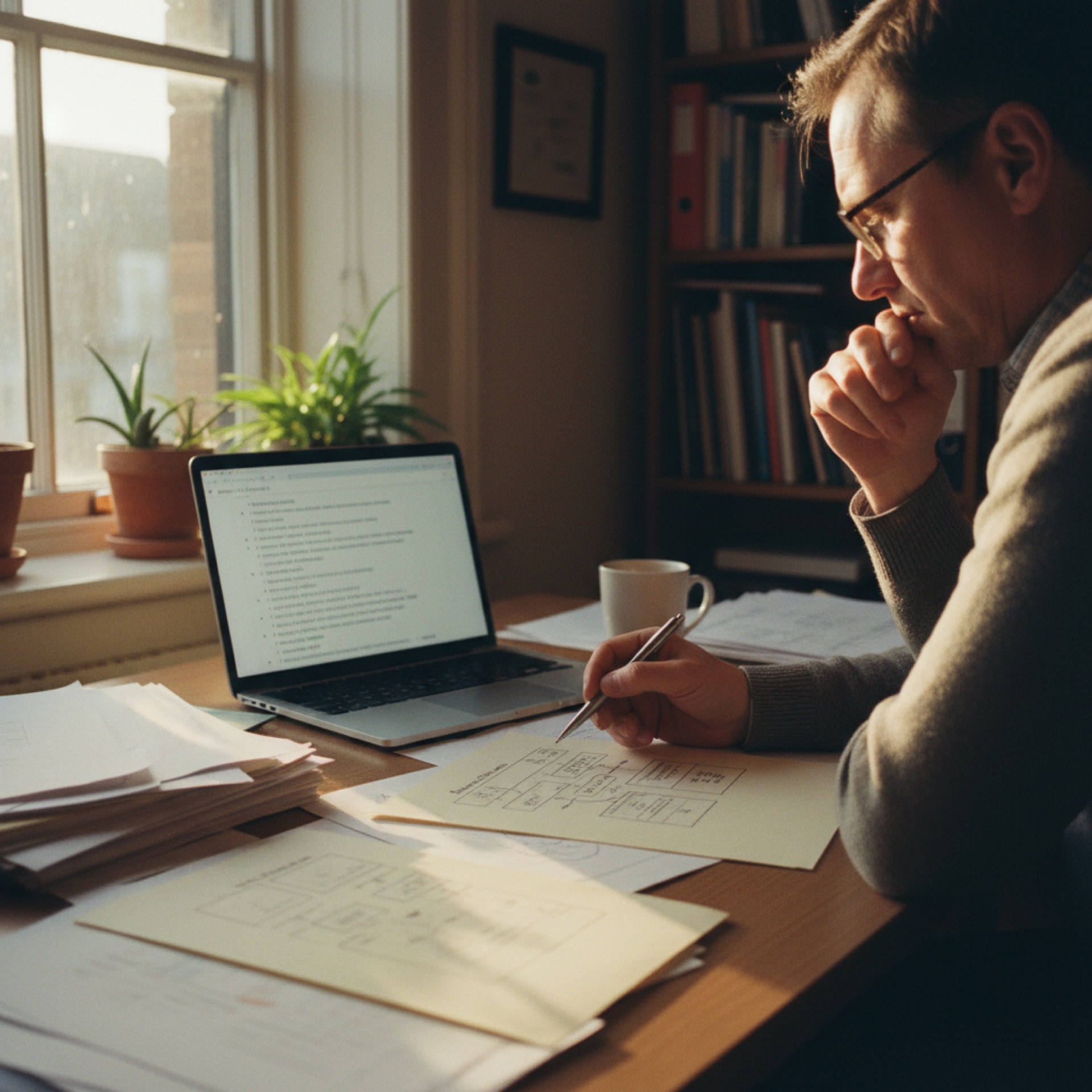 Person reviewing client documents at a desk with a laptop displaying a structured case summary