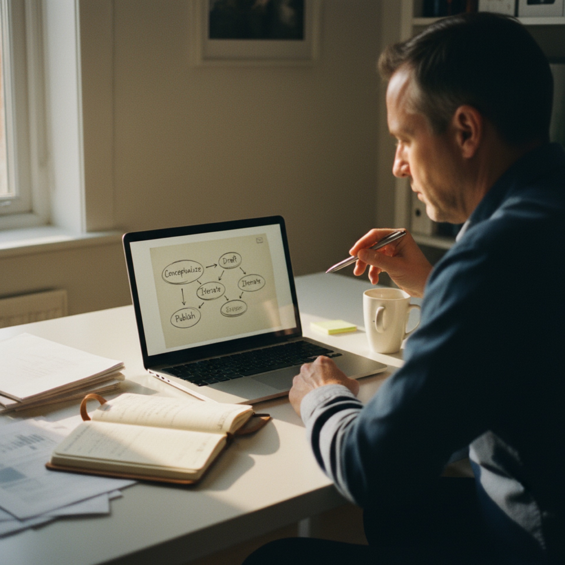 Business owner reviewing workflow data on a laptop at an organised office desk