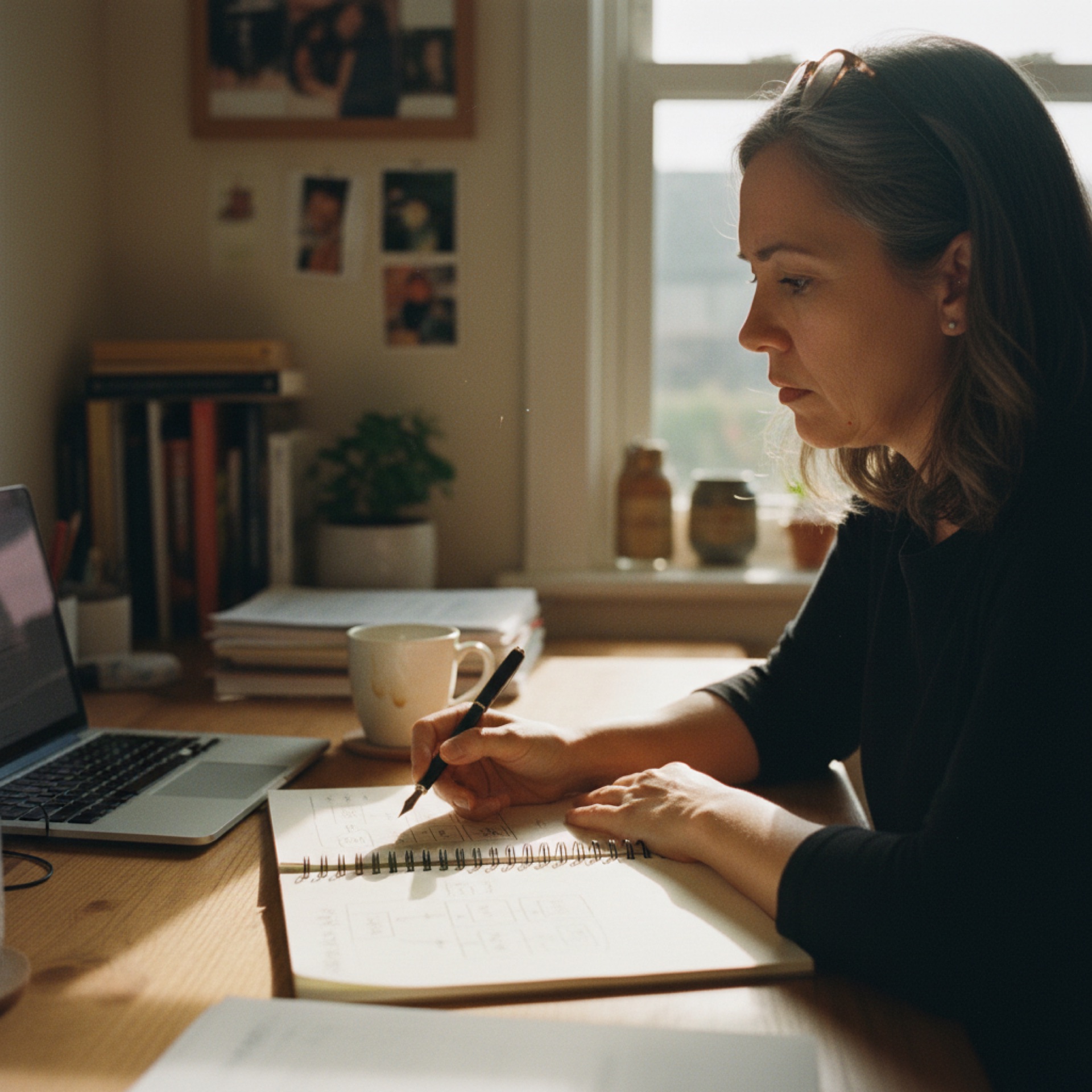 Business owner at a desk looking at a laptop screen with a thoughtful expression