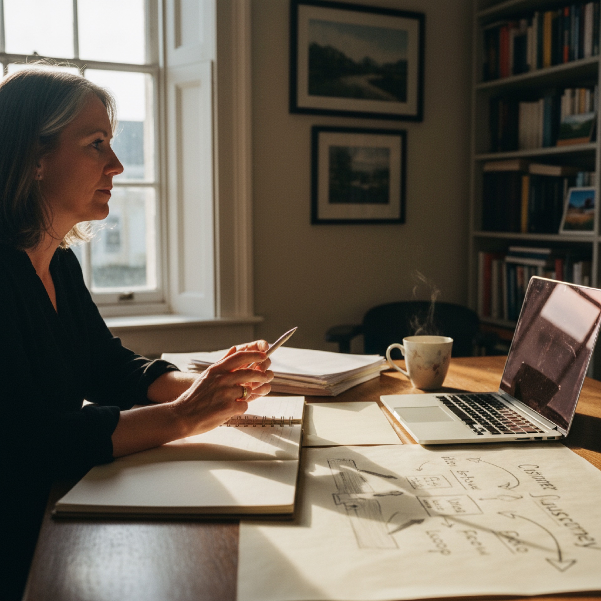 A business owner reviewing printed documents and a laptop at their desk near a window