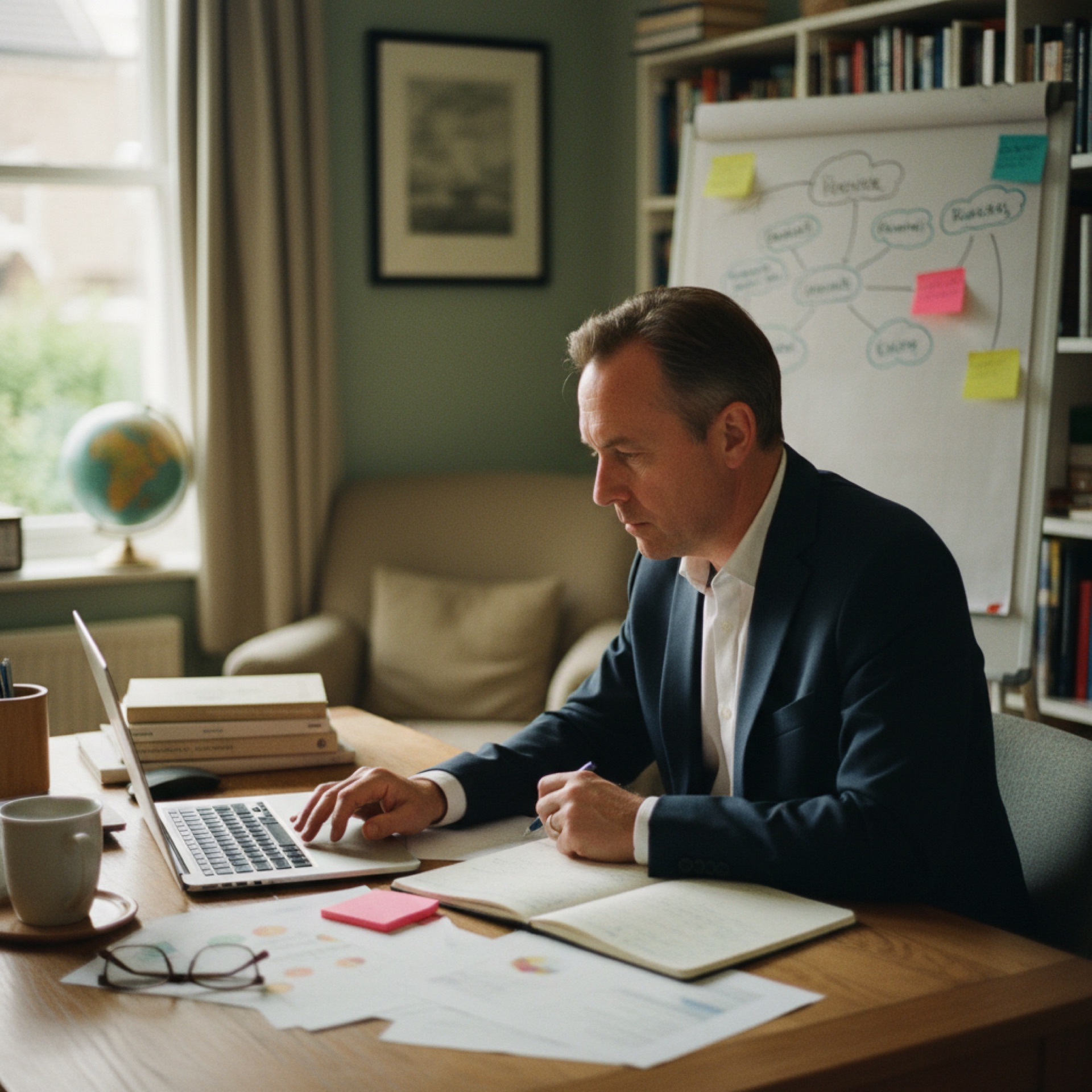 Business owner at a desk reviewing a laptop screen in a quiet office