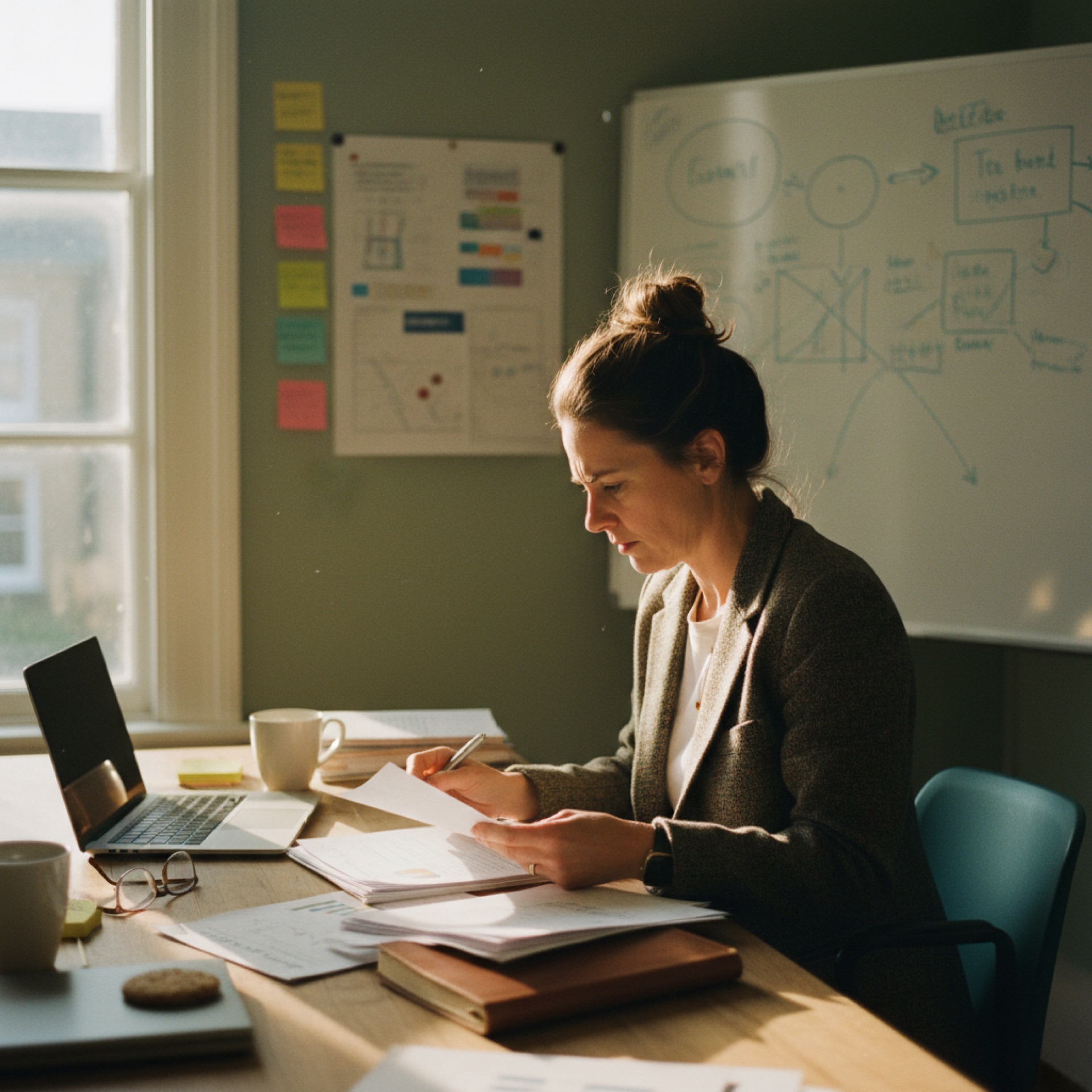 A business owner reviewing documents at a well-lit office desk