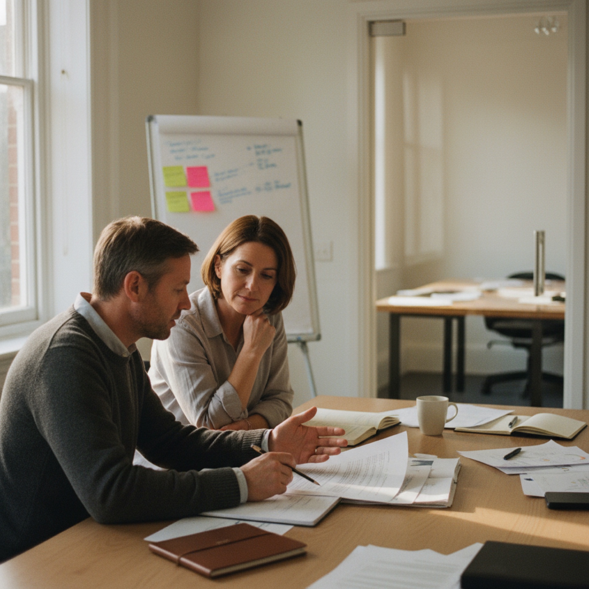 Two business owners reviewing documents at a meeting table in a bright office