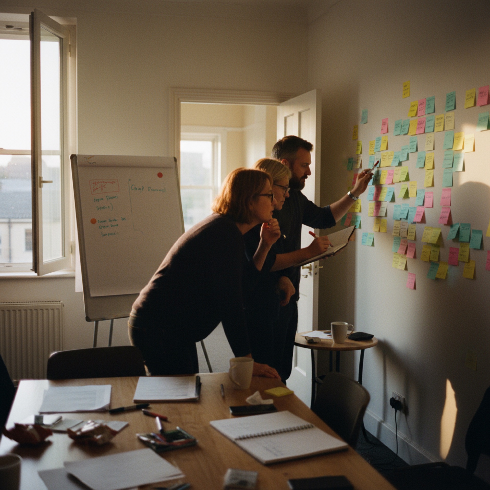 Three people in a meeting room working through a sticky-note process map on a wall