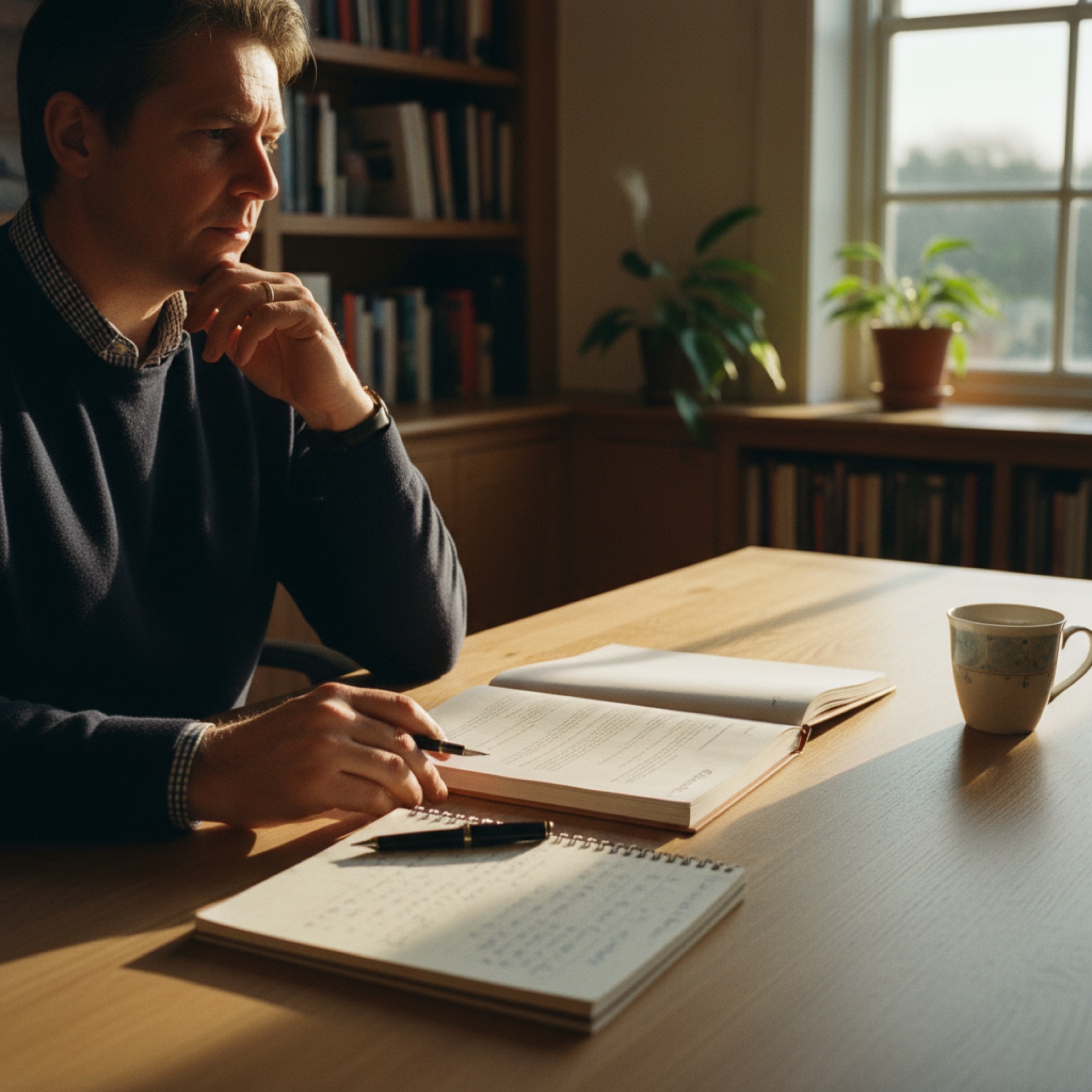A business owner sitting at a desk with a laptop, reviewing printed documents in natural light